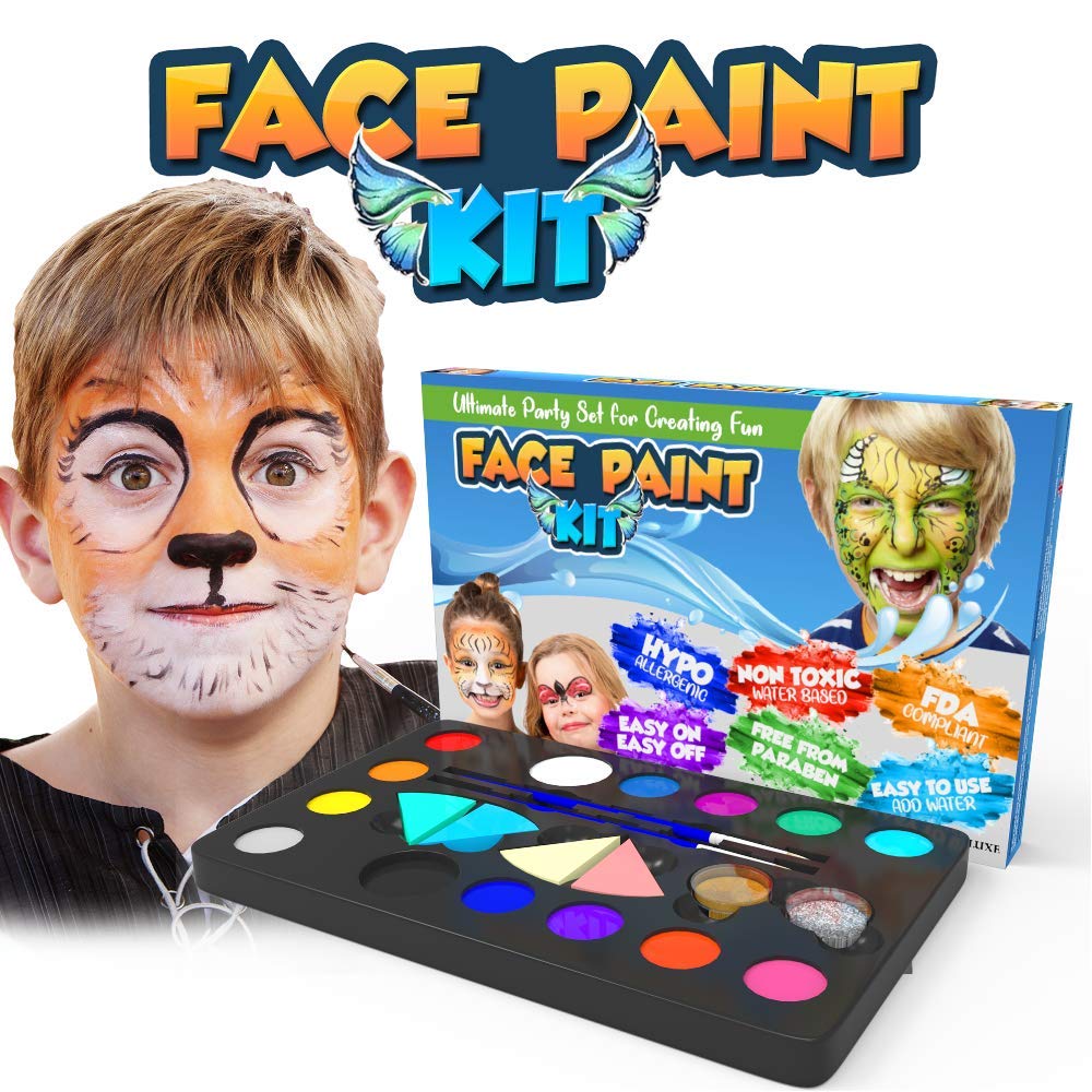 Desire Deluxe Face Paints for Children Halloween Make Up Set for Boys Girls Toy Body Painting Palette Kit Including Glitter, Stencil, Tattoo for Kids - Unique Gift