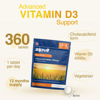 Zipvit Vitamin D3 4000 IU, 360 Maximum Strength Vitamin D Tablets, 12 Months Supply, Vegetarian, 1 a Day, VIT D3 As Cholecalciferol, Supports Bones Muscles, Immune System