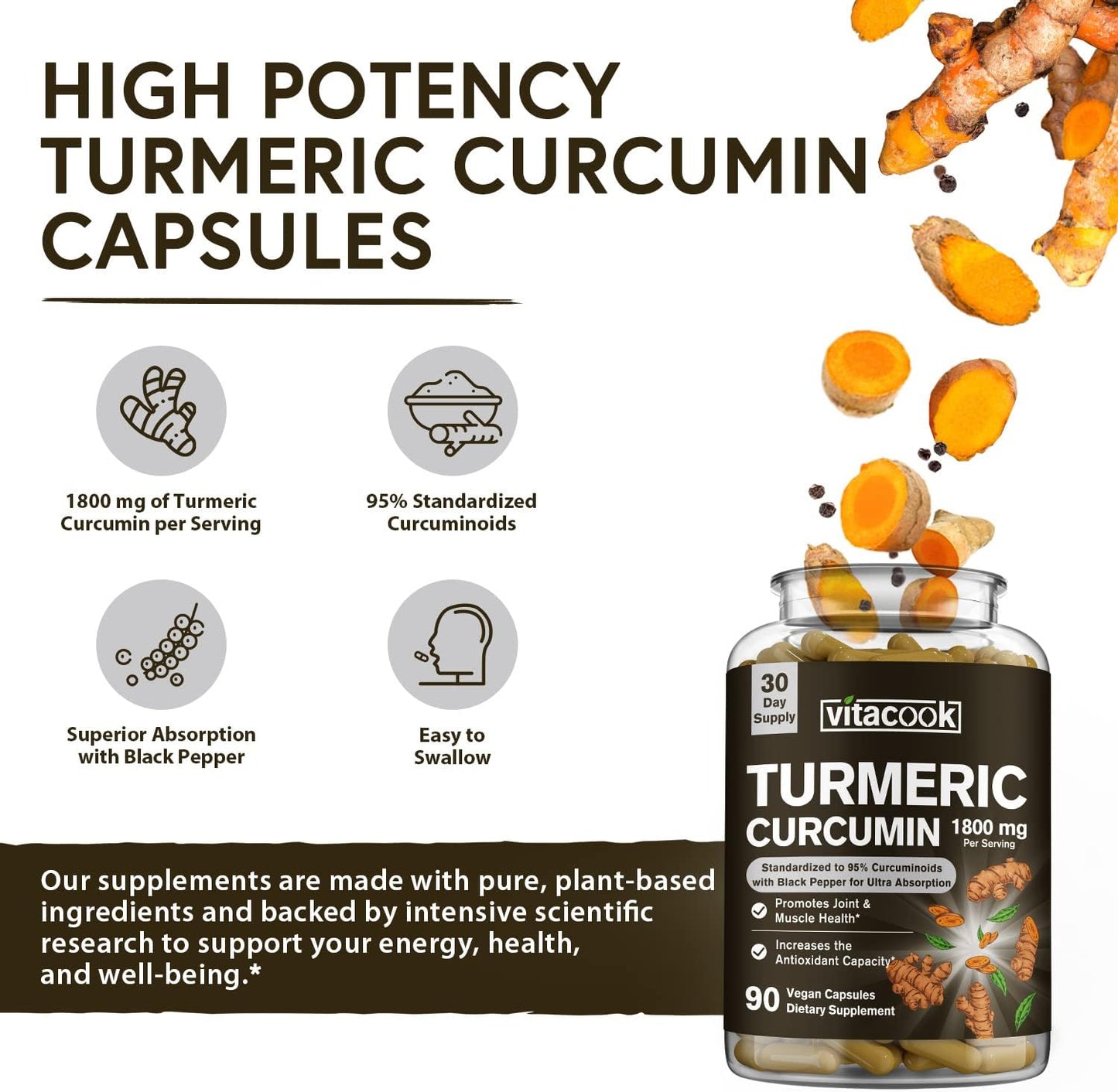 Turmeric Curcumin 1800mg, 95% Curcuminoids for Potency, Superior Absorption with Black Pepper Extract, Raw Whole Root,90 Veggie Caps