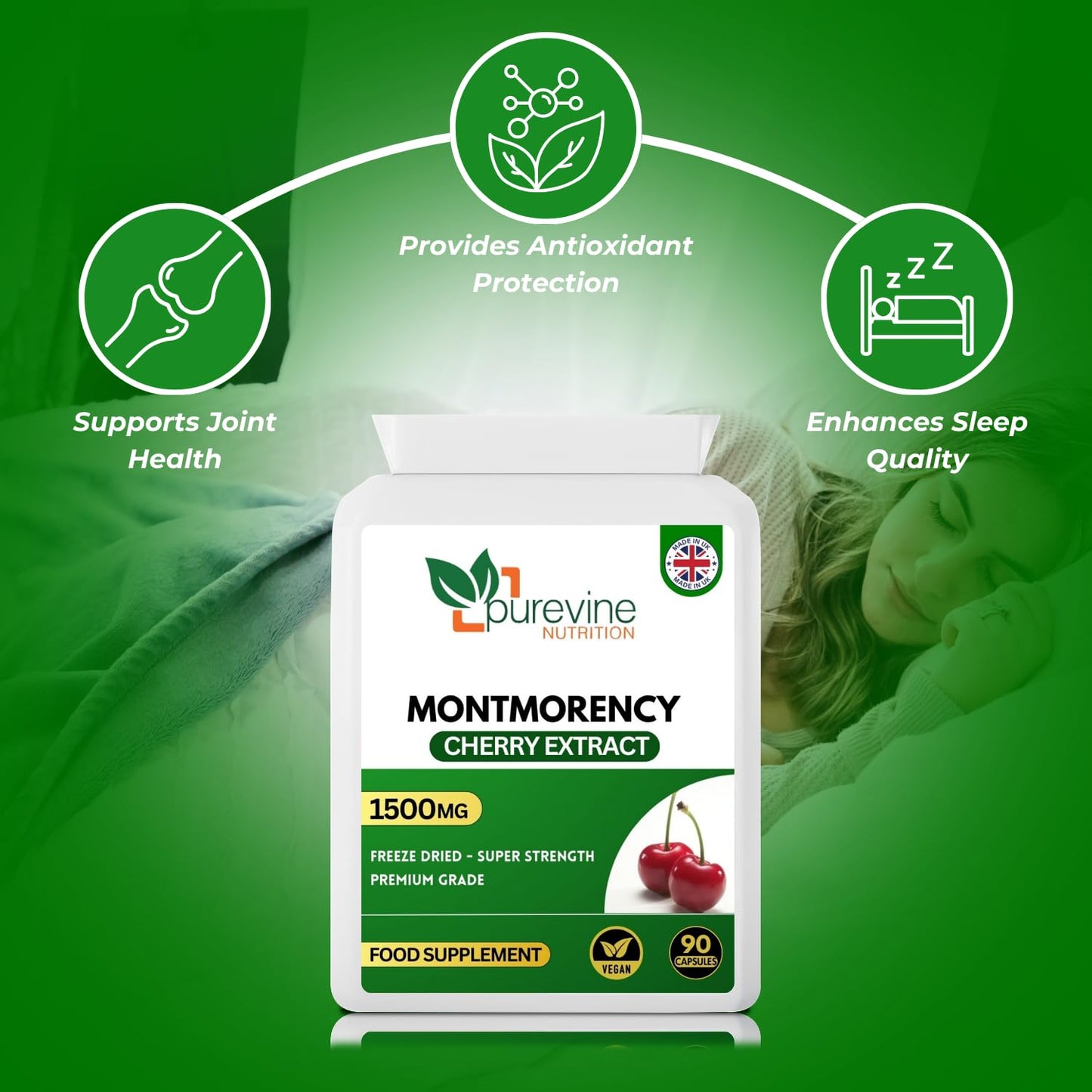 Montmorency Cherry 1500 mg, 90 Capsules, 100% Natural High Strength Freeze Dried Montmorency Cherries with No Additives, Purevine Nutrition