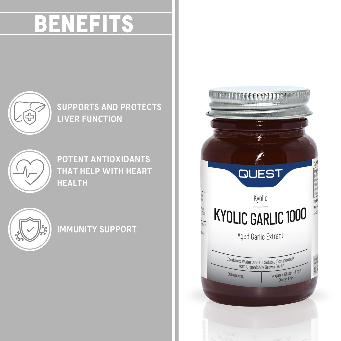 Quest - 45x Kyolic Garlic Tablets. High Strength 1000mg Odourless Aged Garlic Extract for Heart, Immune, Digestive & Cognitive Health. Daily Dietary Supplement. Vegan & Gluten-Free (Pack of 3)