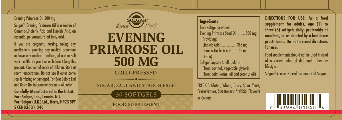 Solgar Evening Primrose Oil 500 mg Softgels - Pack of 30 - with Omega-6 and GLA - Easy to Swallow - Gluten Free