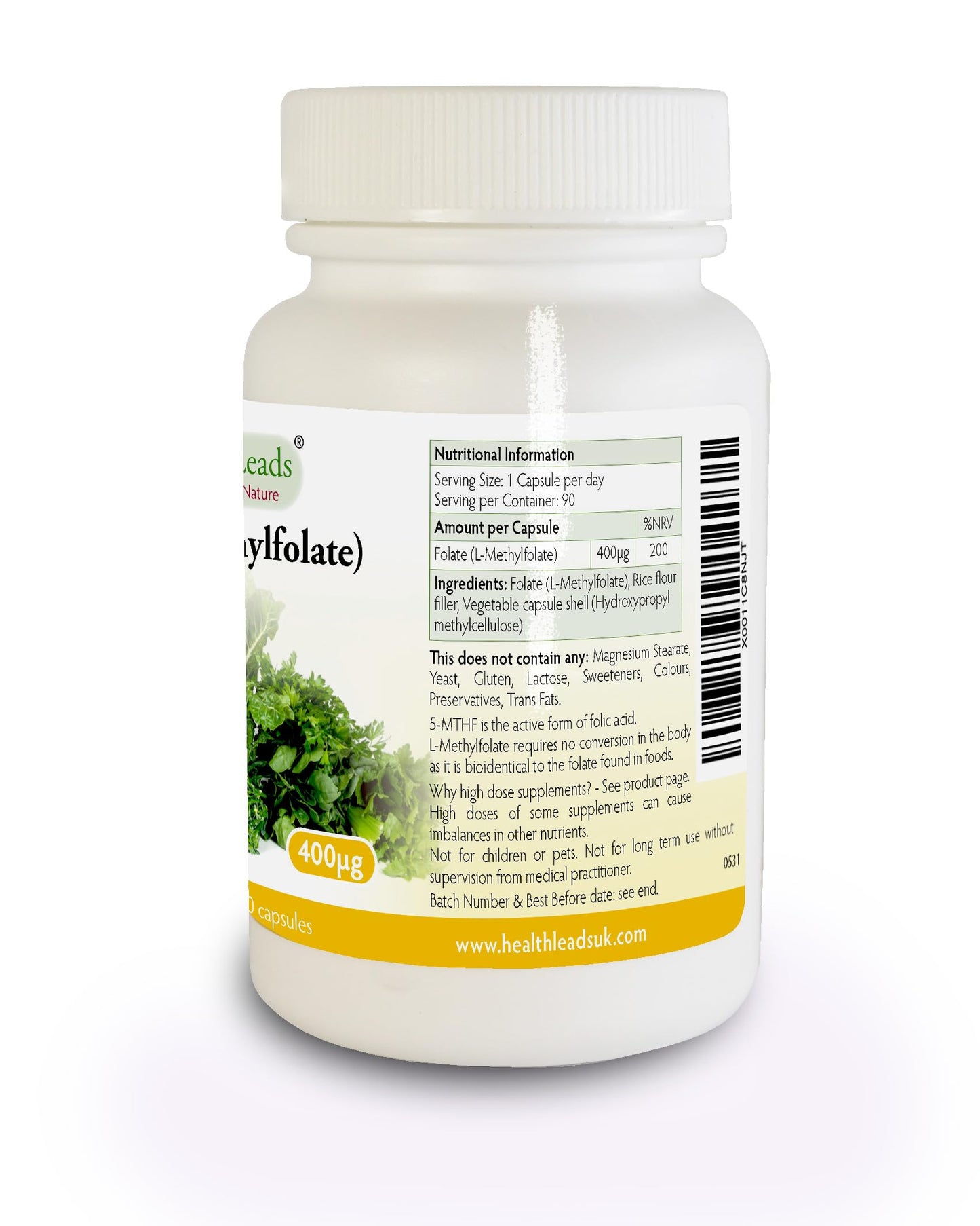 Health Leads ...Working With Nature Folate (L-Methylfolate) 400μg x 90 Capsules - 5-MTHF Active Form of Folic Acid/Vitamin B9 - Supports Normal Maternal Tissue Growth During Pregnancy - PRENATAL- Magnesium Stearate Free - Made in Wales