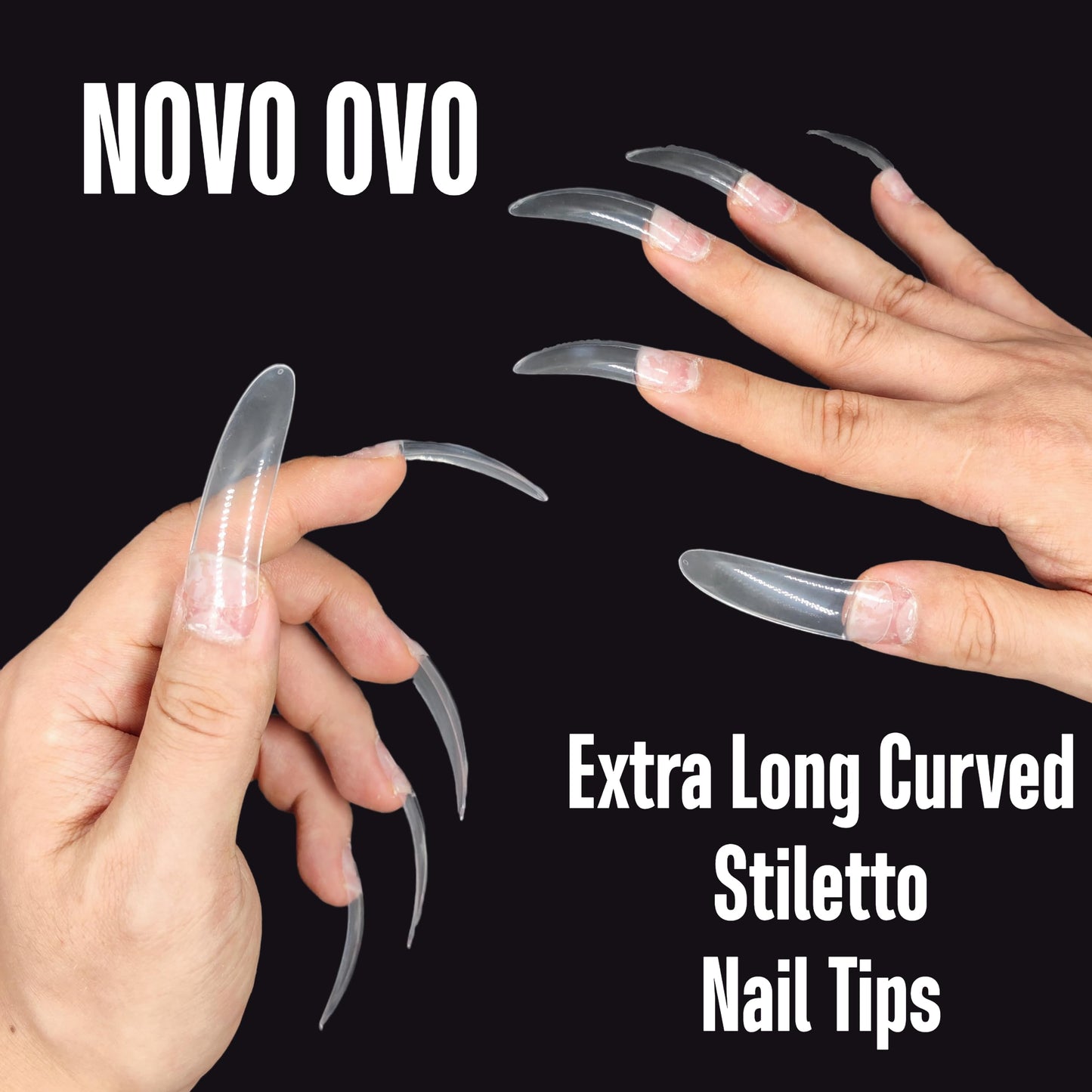 NOVO OVO 500 pcs Extra Long Curved Stiletto Nail Tips, XXL 2XL Sharp False Nails Extension for Acrylic, Clear Hawk Curve Eagle Claw Half Cover Gel x 10 Sizes Bag Packaging for Salon
