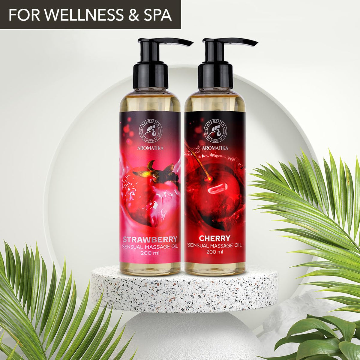 AROMATIKA trust the power of nature Sensual Massage Oil Set 2 x 200ml - Strawberry & Cherry - Blend of Almond and Grapeseed Oils - Edible & Kissable Massage Oil - Body Oil for Him & Her - for Couples - Romantic Gift - Relaxing Oil