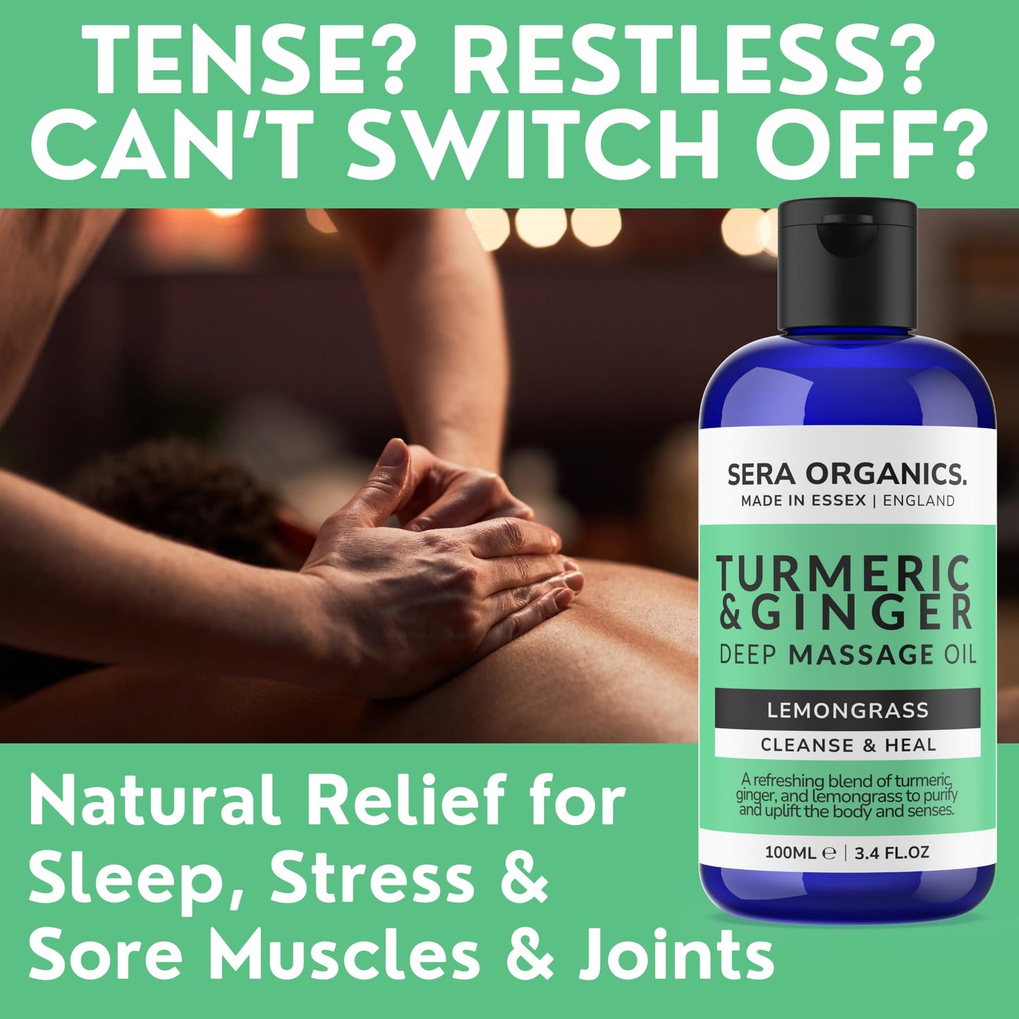 Turmeric Massage Oil - Arthritis Relief & Muscle Pain | Anti-Inflammatory, Lymphatic Drainage, Joint & Nerve Soothing, Sleep Support | Ginger & Lemongrass for Deep Tissue Massage | Sera Organics 100ml