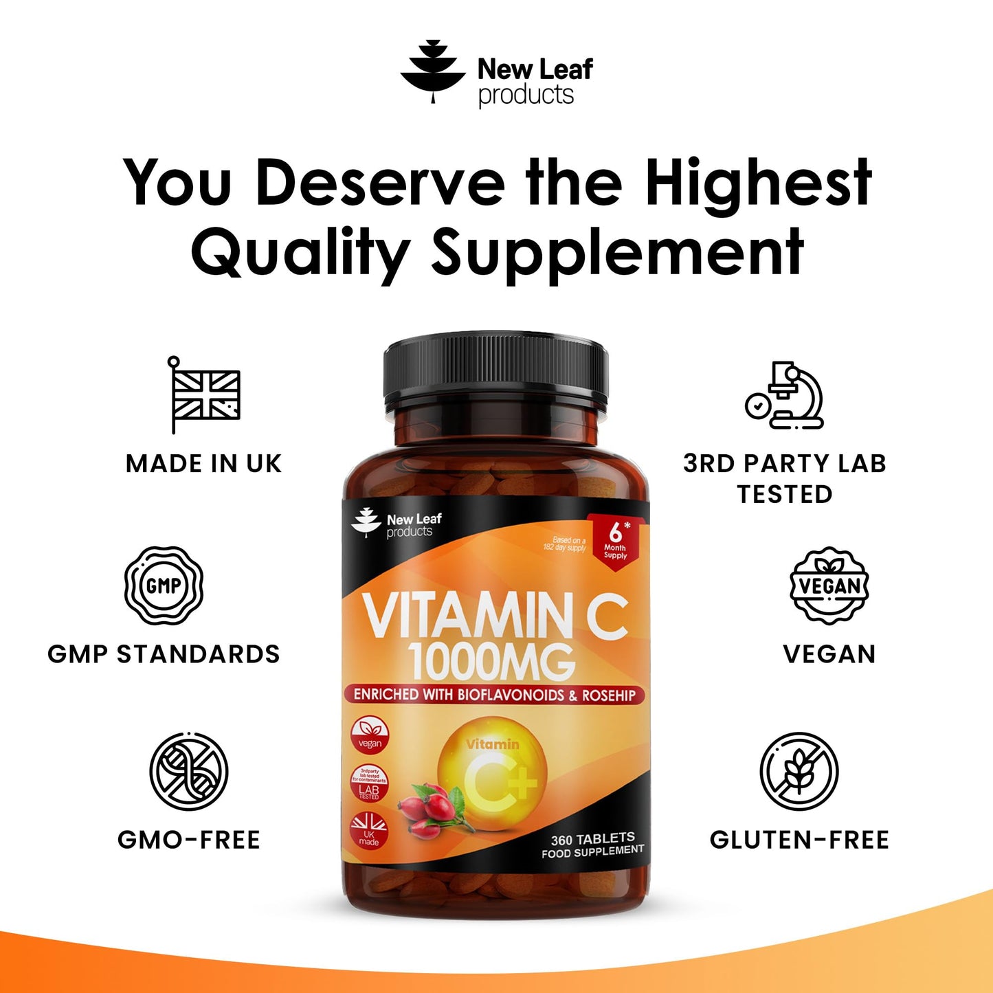 Vitamin C Tablets 1000mg - Enriched with Bioflavonoids & Rosehip - Premium Vitamin C Supplements - 360 Vegan Vitamin C Tablets High Strength Ascorbic Acid VIT C for Normal Immune System UK Made