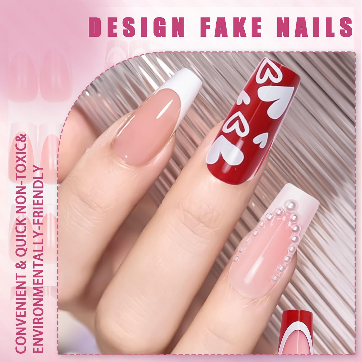 Generic 24PCS Heart & Bow French Tip Press on Nails – Long Square Full Cover Reusable False Nails with Glue – Cute Stick on Nail Set for Women and Girls