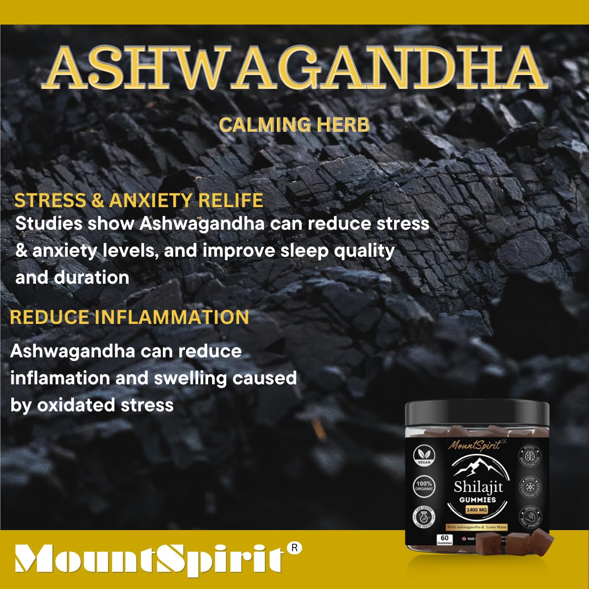 Shilajit Gummies 3-in-1 Max Strength by MountSpirit™, Himalayan Shilajit with Lions Mane and Ashwagandha, Fulvic & Humic Acid and 85+ Minerals, for Energy, Immunity & Focus, Sugar-Free, 60 Gummies