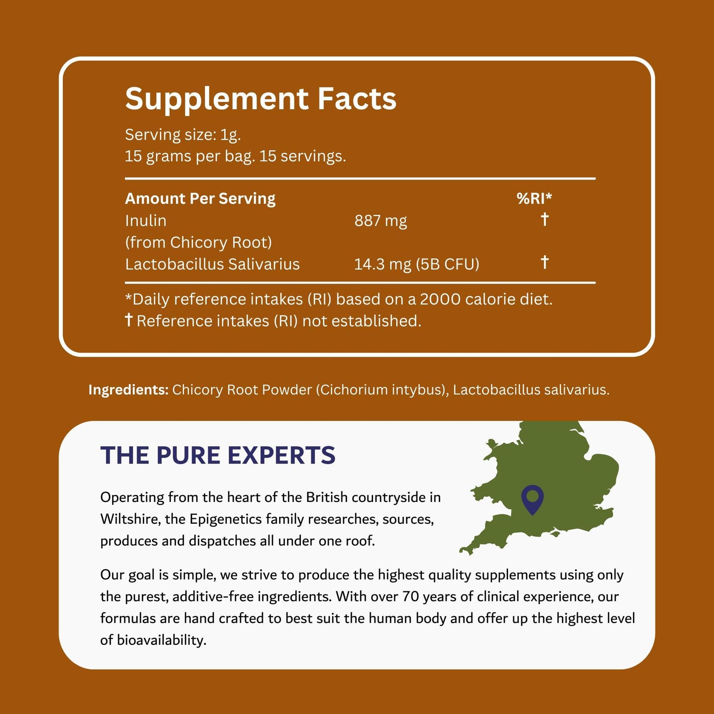 Epigenetics Lactobacillus Salivarius 15g | 5 Billion CFU Probiotic + Chicory Root Prebiotic (Inulin) | Vegan Friendly Powder for Gut Health | UK Made | 1g Daily (15 Servings)