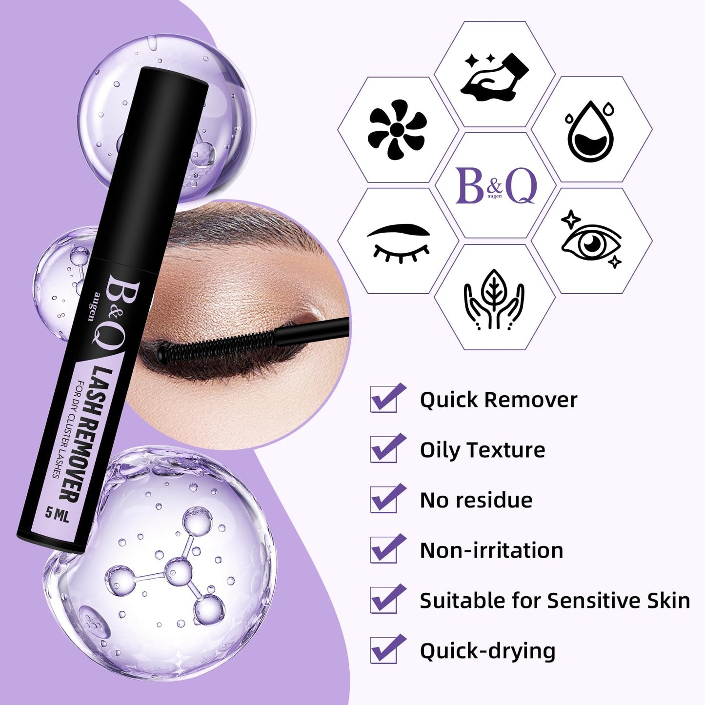 B&Qaugen B&Q Lash Remover 5ml Fast Dissolution Lash Glue Remover Low Irritation Eyelash Remover for Extensions Lash Bond and Seal Remover Eyelash Remover Individual Lashes（Remover 5ML）