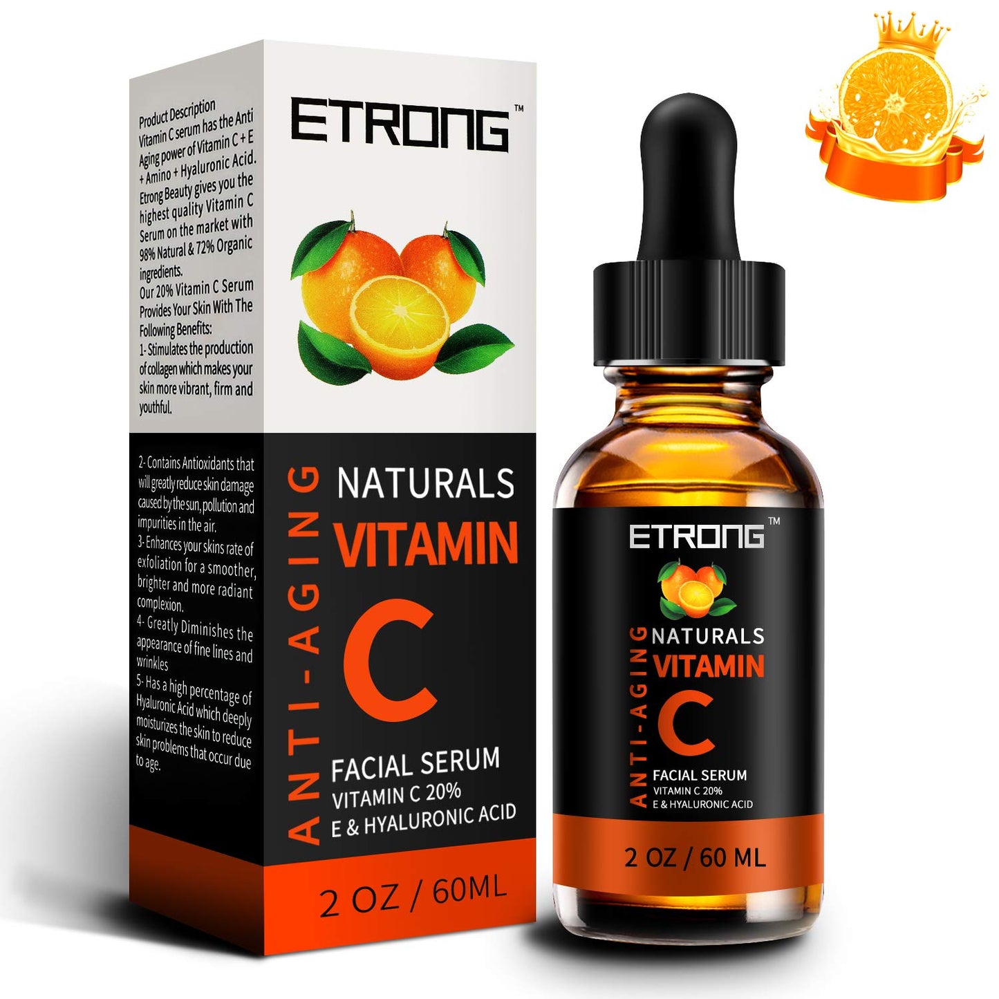 ETRONG 2oz Vitamin C Serum Face with Hyaluronic Acid,Vitamin E,20% Vitamin C for Anti-wrinkle,Dark Circle,Fine Lines and Sun damage – Restore&Boost Collagen (60ml)