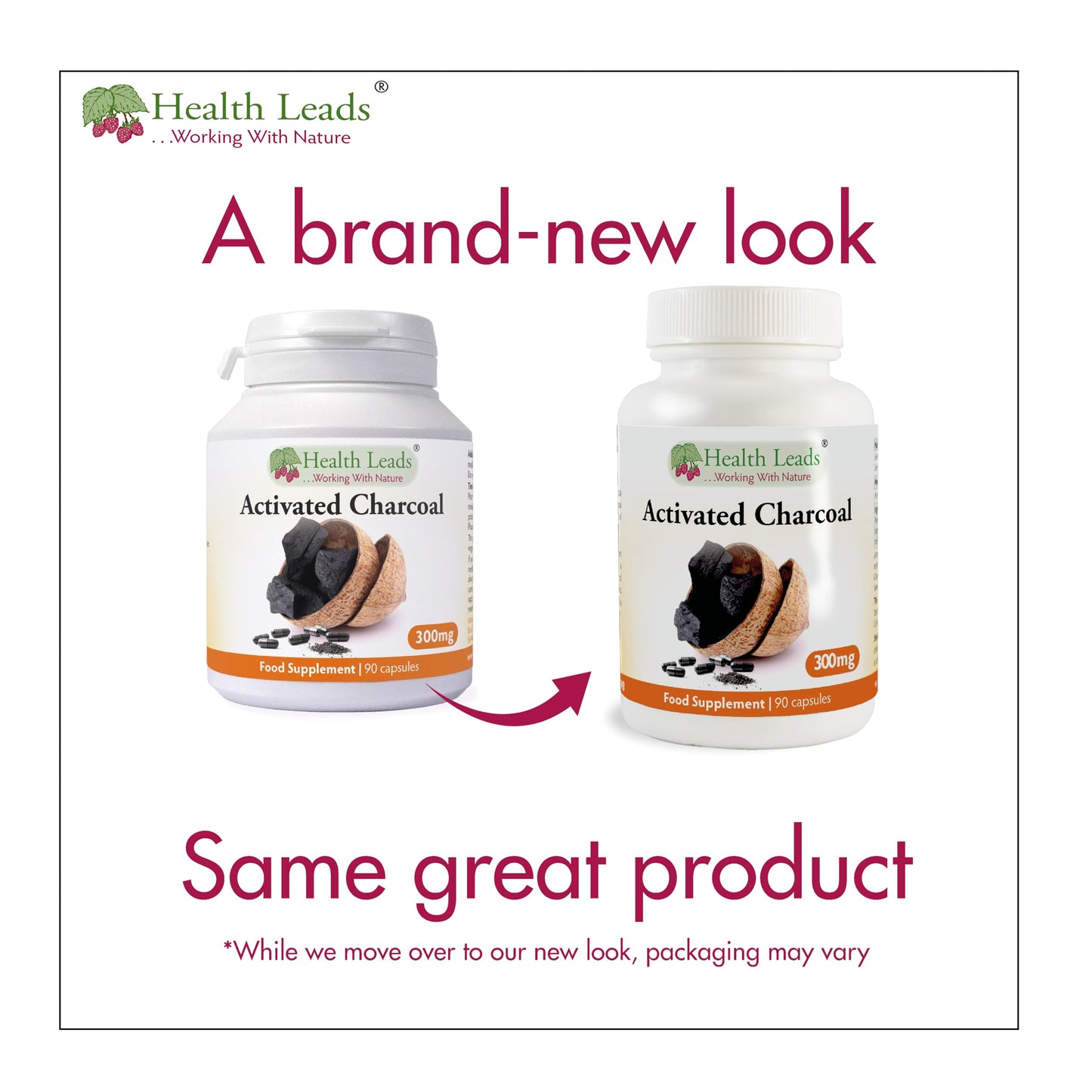 Health Leads ...Working With Nature Activated Coconut Charcoal 300mg x 90 Capsules (Cocos nucifera), 100% Natural, High Absorbency, Vegan, Magnesium Stearate Free & No Nasties, Made in Wales