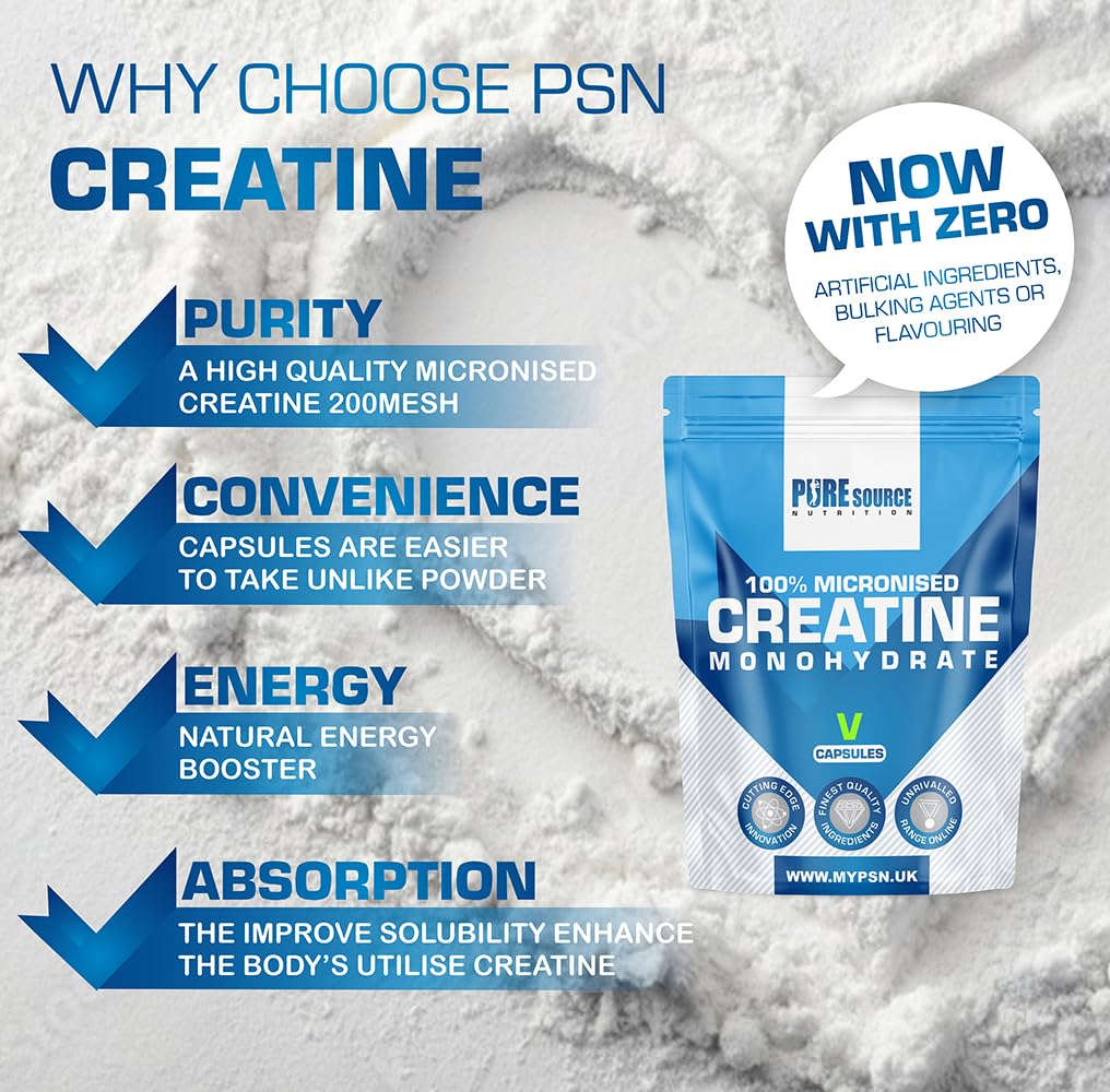 Pure Source Nutrition Creatine Monohydrate Capsules 3000mg Vegan Creatine Capsule - Gym Supplement for Men & Women - Creatine Monohydrate Powder Unflavoured Alternative Energy Supplement Workout by PSN (360 Capsules)