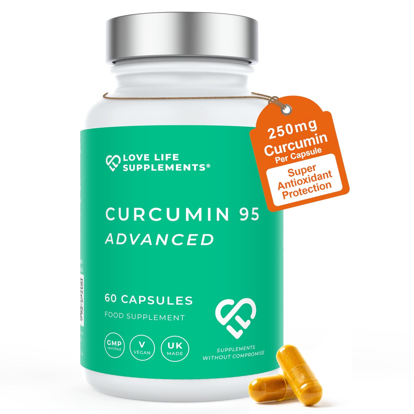 LOVE LIFE SUPPLEMENTS Curcumin 95 Advanced, 60 Capsules, High Strength Curcumin (The Active Component of Turmeric) with 95% Curcuminoids + BioPerine® (Black Pepper Extract), Vitamin D, Tomato and Ginger Root, GMP Approved