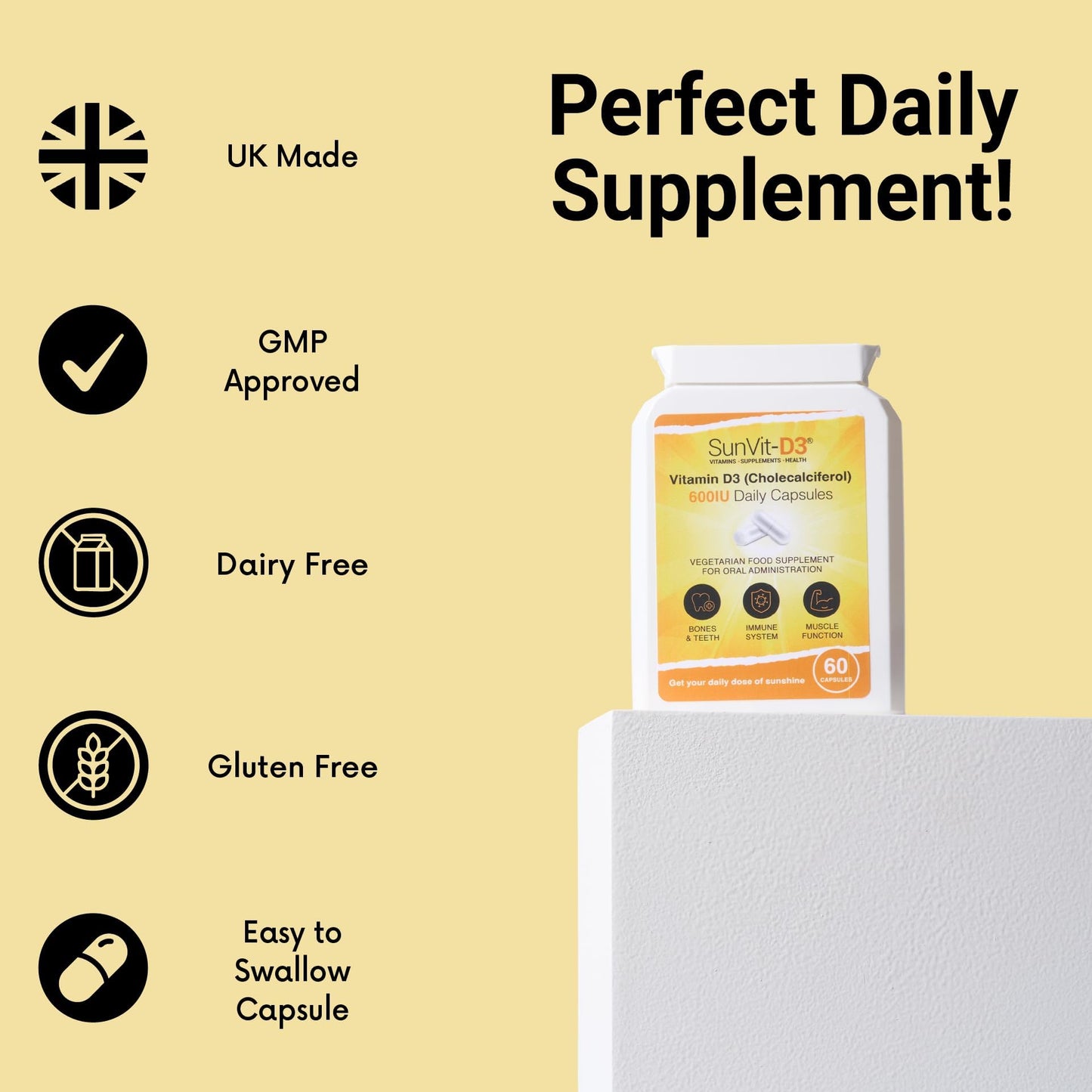 SunVit-D3 Vitamin D 600 IU - Cholecalciferol Vitamin D Capsules Support the Maintenance of Bone, Teeth, Muscle & Immune System | Made in UK & GMP Approved - D3 Vitamins 60 Convenient