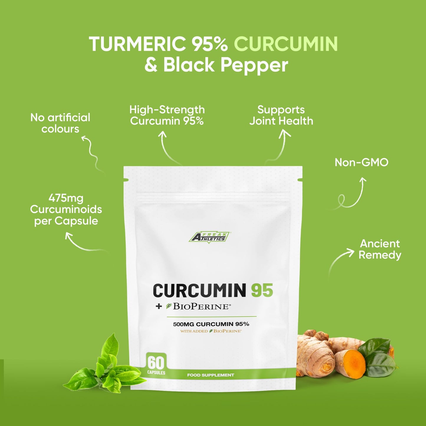Freak Athletics Curcumin 95 + Bioperine® 60 Turmeric Curcumin Capsules High Strength with Black Pepper - Curcumin 95% & Black Pepper - Turmeric Curcumin UK Made…