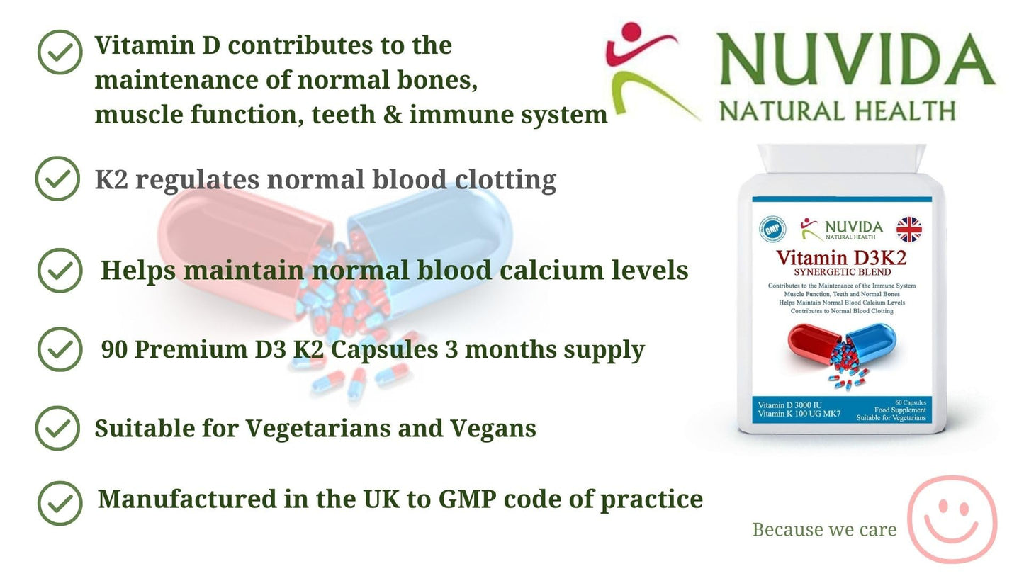 NUVIDA NATURAL HEALTH NUVIDA Vitamin D3 K2 - High Strength Blend of Vitamin K2 and D3 - Daily Vitamin K2 D3 Supplement - 90 Capsules 3 Months Supply - Suitable for Vegetarians