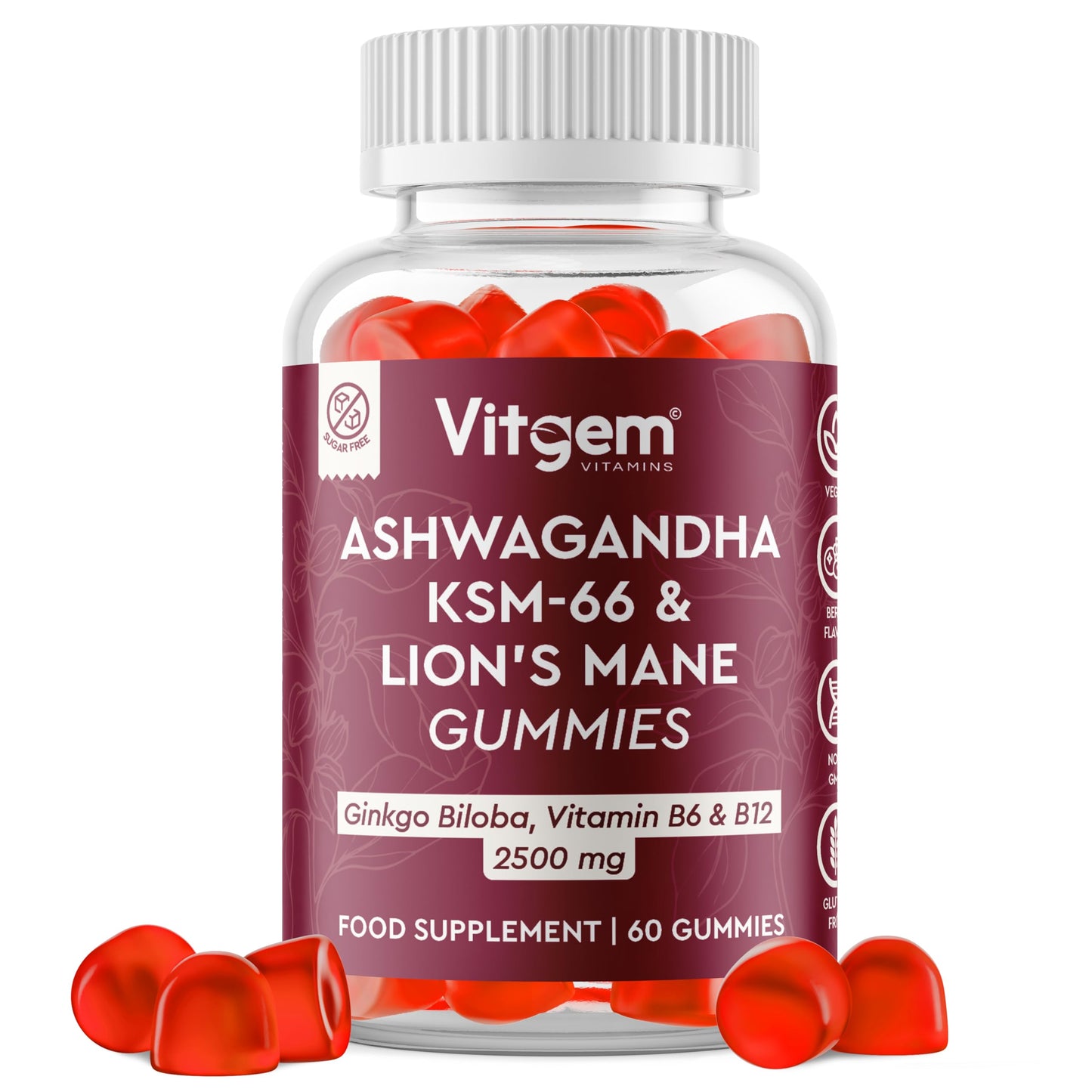 Vitgem 60 Chews KSM-66 Ashwagandha and Lions Mane Gummies for Adults – Sugar-Free Natural Nootropic for Focus, Memory & Stress Relief – Vegan Berry Flavor – Cognitive & Cortisol Balance Supplement
