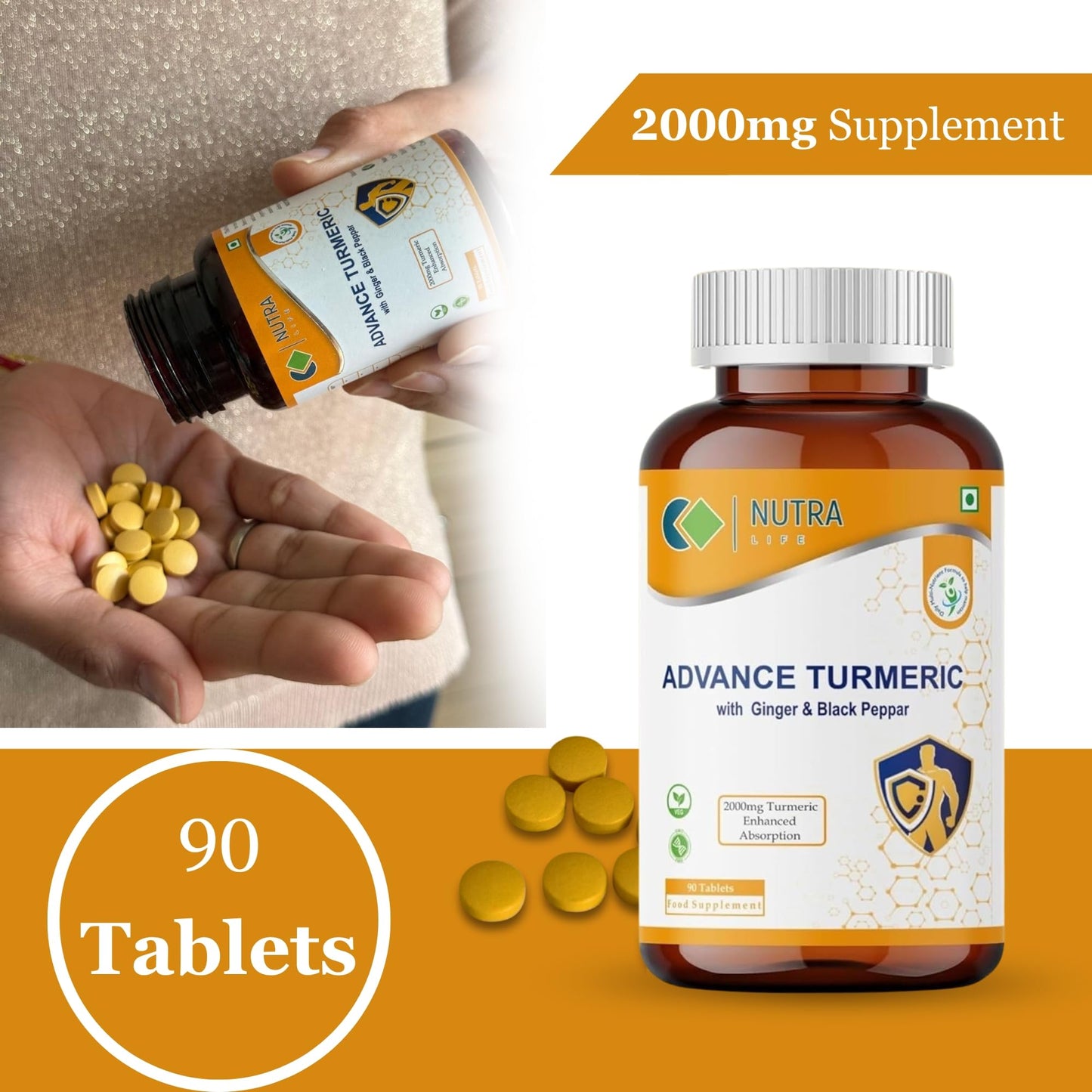 NUTRA LIFE Nutra Life Advanced Turmeric with Black Pepper & Ginger Tablets High Strength Supplement 90 Tablets with 2000mg Curcumin for Women & Men 3 Month Supply Vegan Friendly Gluten-Free