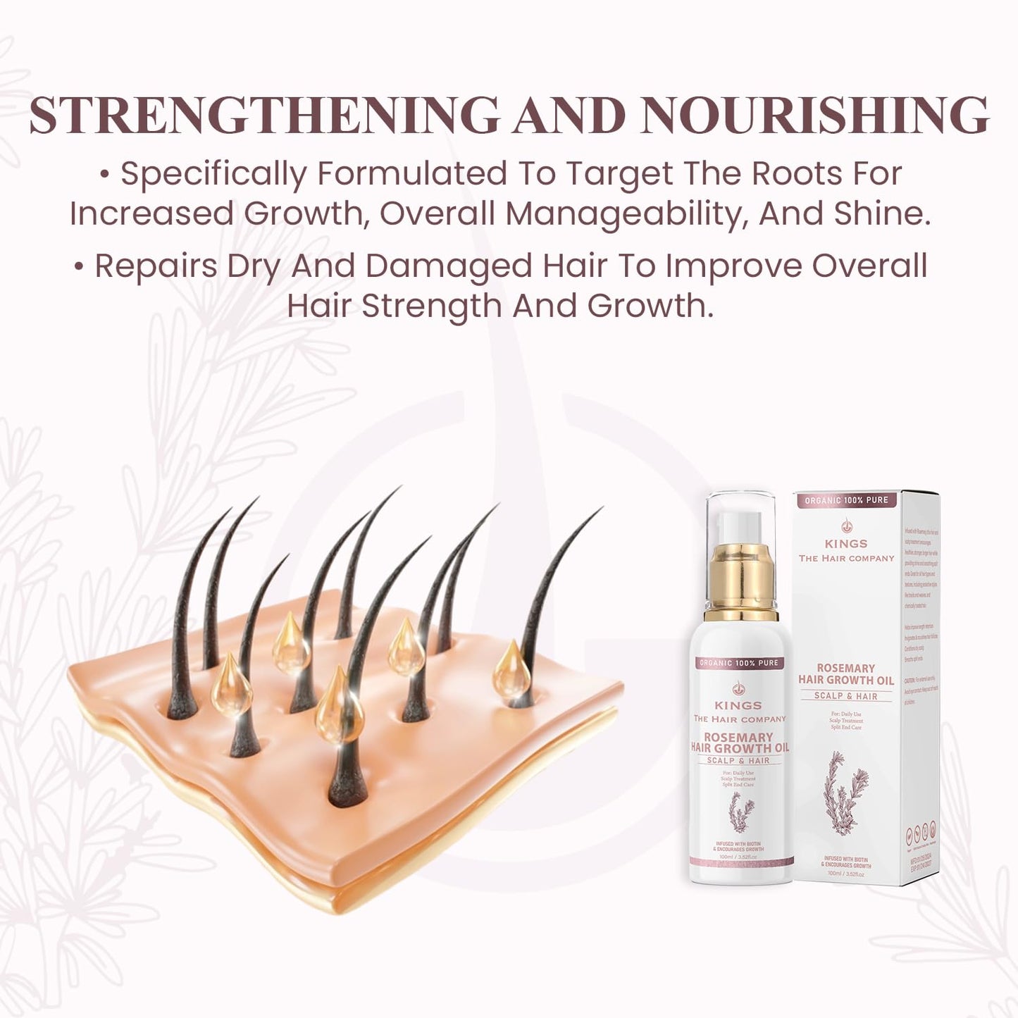 Kings 100% Natural Rosemary Oil for Hair Growth with Biotin - Promotes Hair Growth & Prevents Hair Loss, Organic Rosemary Hair Oil to Treat Dry Damaged Hair for Men & Women | 100 ml