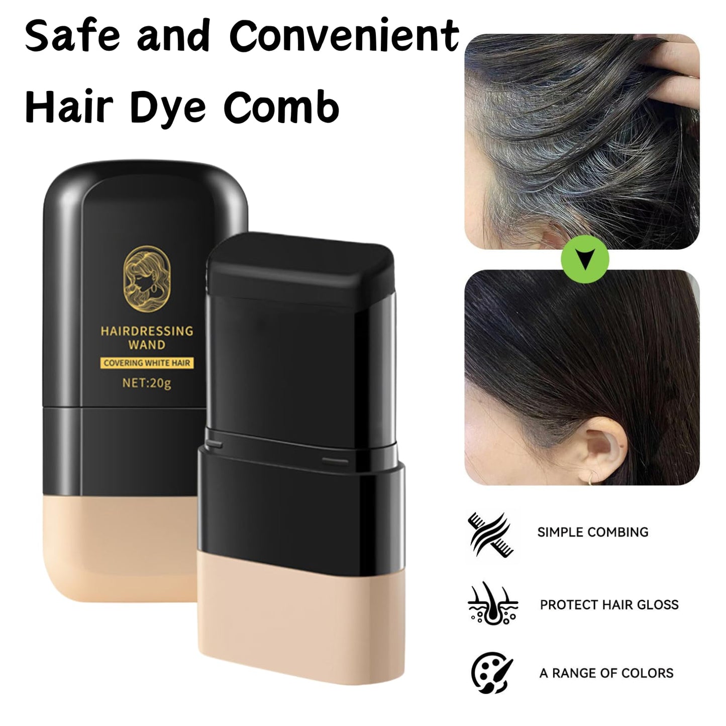 SHEBEEDO Safe and Convenient Hair Dye Comb, 2 in 1 Instant Black Hair Colour Root Touch-Up Stick with Comb Applicator for Gray Coverage,Safe and Convenient Portable Hair Dye Brush Applicator for Women & Men