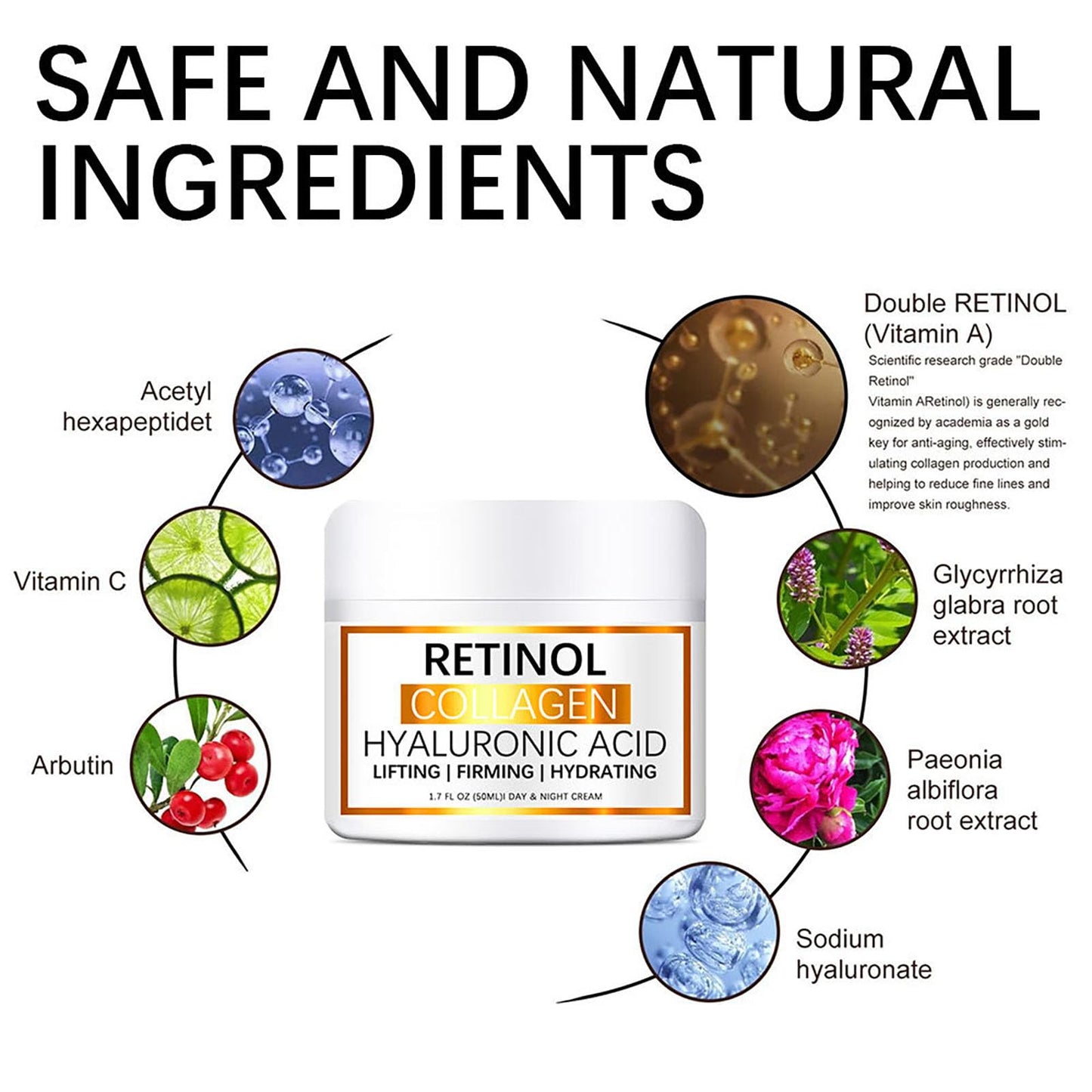 Retinol Collagen Cream for Face - 2PCS Retinol Cream with Hyaluronic Acid & Vitamin E - Anti Wrinkle Face Cream - Skin Lightening Cream - Dark Spot Remover - Anti Aging Face Cream for Day & Night