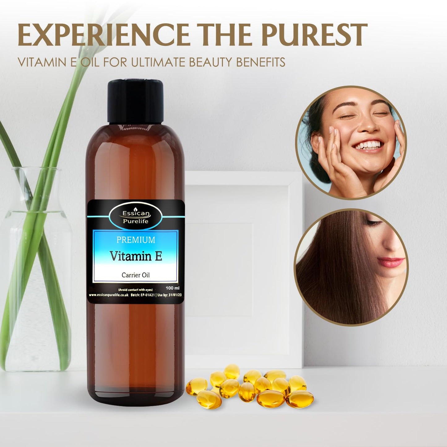 Vitamin E Oil, 100% Pure Natural Vitamin E Oil, Vitamin E Oil For Skin, Scars, Hair & Face, Scalp, Nails, Moisturising & Hydrating Carrier Oils, Vegan, Cruelty Free, Hexane Free, No GMO - 50ml