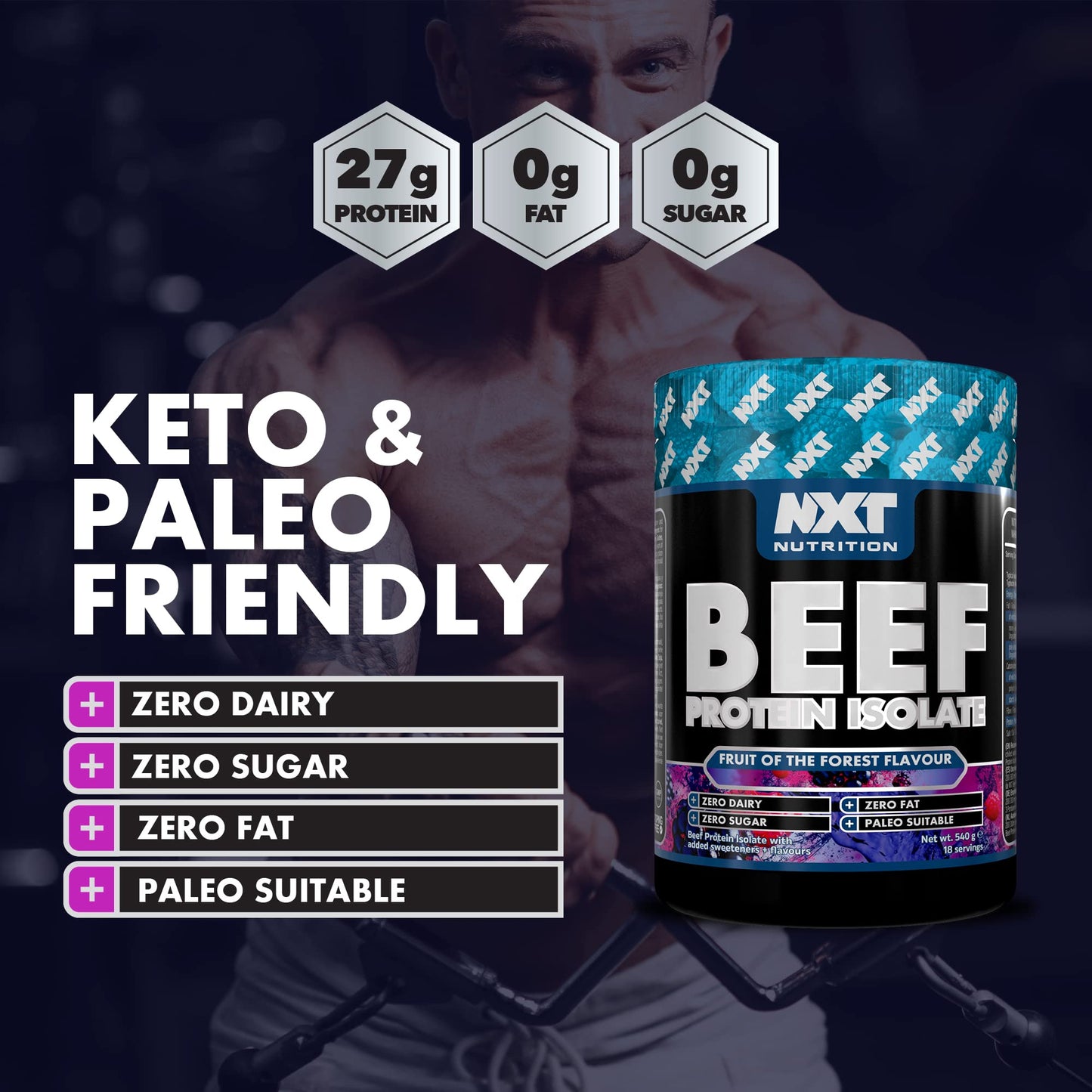 NXT Nutrition NXT Beef Protein Isolate 540g - High Protein Powder in Natural Amino Acids - Paleo, Keto Friendly - Dairy and Gluten Free | 540g (Fruits of the Forest)
