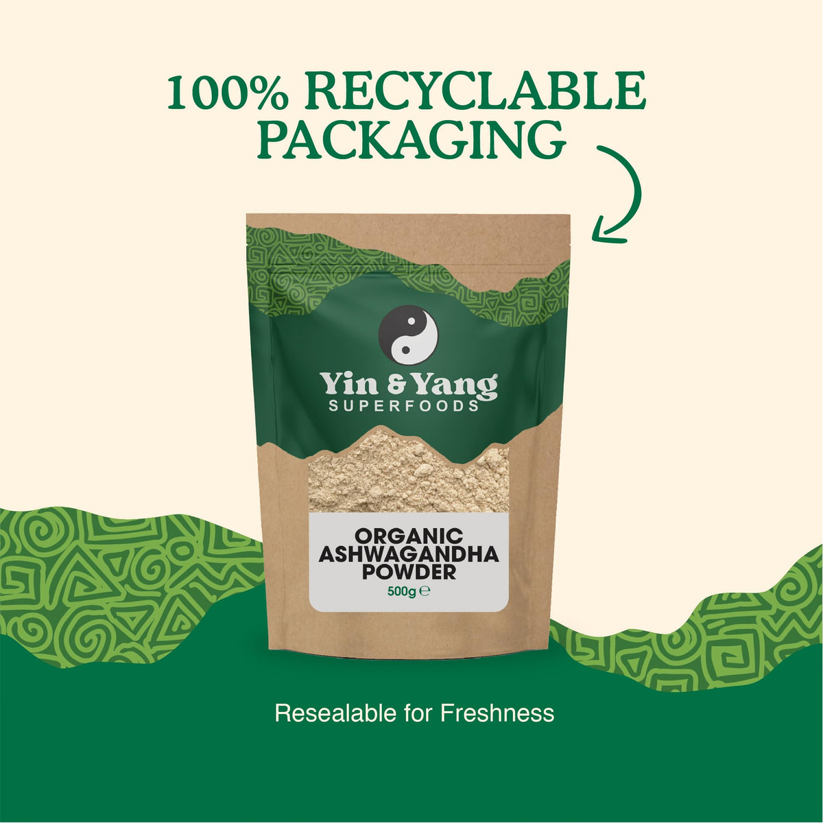 Organic Ashwagandha Powder 500g, by Yin & Yang Superfoods. 100% Pure and Raw - Premium Quality. Vegan, Gluten Free & Palm Oil Free.