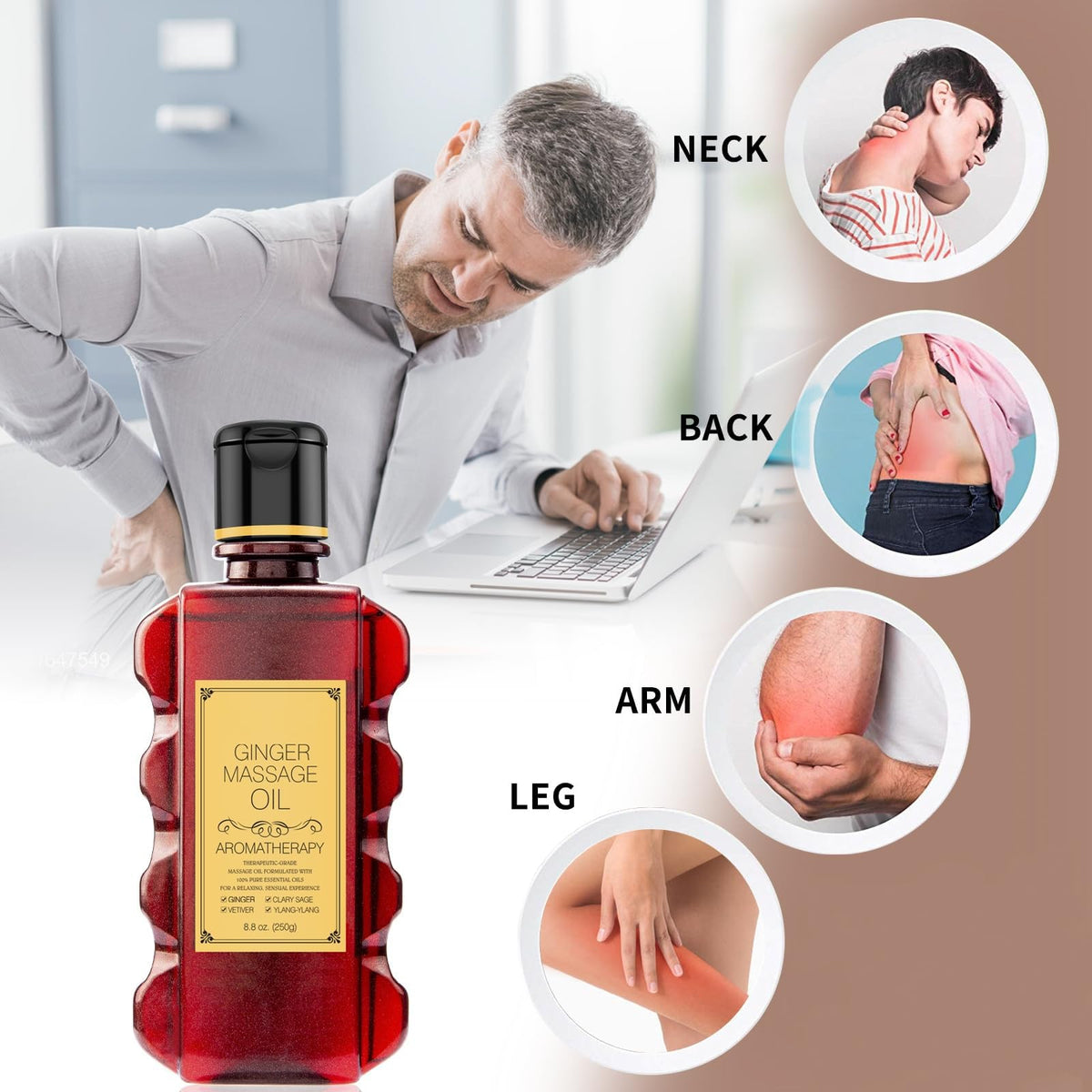 Massage Oil for Relaxing Ginger Clary Vetiver and Ylang-ylang Massage Oils Moisturizing Body Oil for Men and Women 8.8 fl.oz