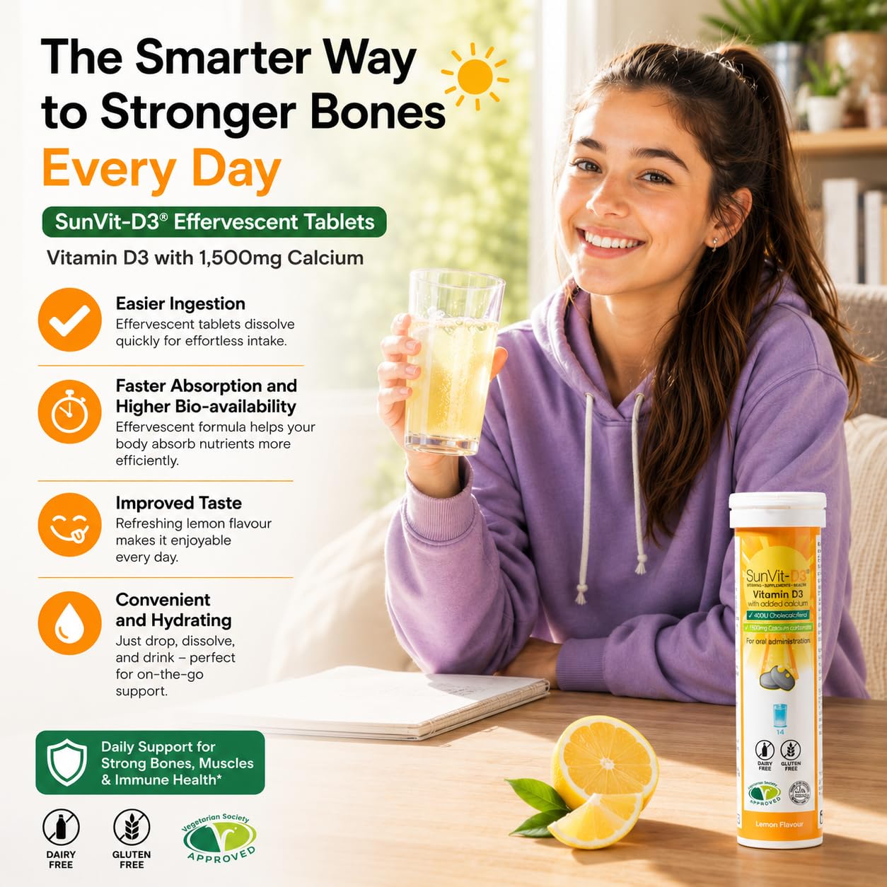 SunVit-D3 Sunvit-D3 Dissolvable Effervescent Lemon Calcium Fizzy Tablets 600mg, with Vitamin D3 400IU Daily Support for Strong Bones & Immune Health, Effervescent Calcium and Vitamin D Tablets 14 X 4 Tubes
