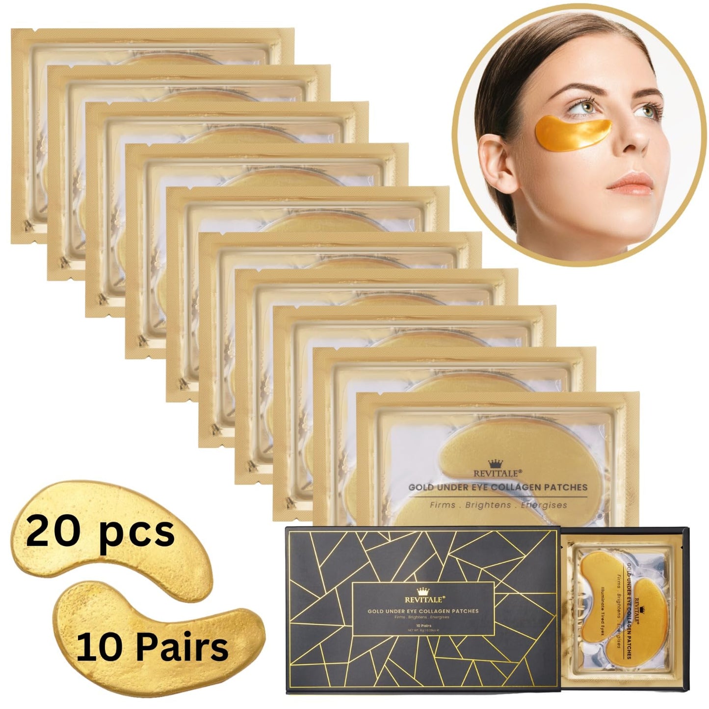 Tomsey 10 Pair Eye Masks & 10 Lip Masks Crystal Collagen 24k Gold Under Eye Gel Pad Face Mask Anti Aging Wrinkle Gel Lip Plumping Patches, Vegan Cruelty-Free Self Care Beauty