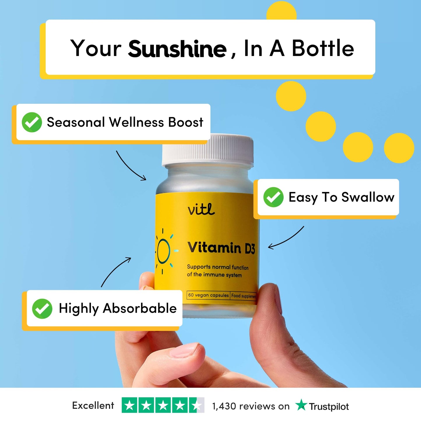 VITL Vitl Vitamin D3 Supplement - 60 Vegan Softgel Capsules - Support for The Immune System, Bones & Joints, Teeth, Muscles and Heart - 2 Month Supply