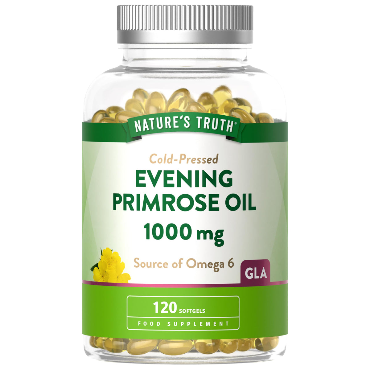 Nature's Truth Evening Primrose Oil 1000mg | 120 Softgel Capsules | High Strength Omega 6 and GLA | Cold-Pressed | Natures Truth