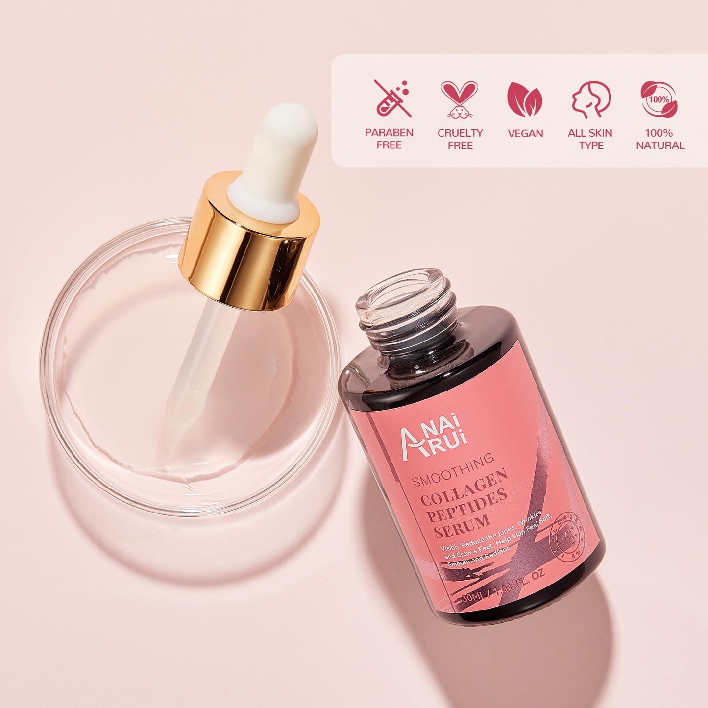 ANAiRUi Collagen Peptide Serum for Face with Hyaluronic Acid | Targets Fine Lines & Wrinkles | Plumps and Firms Skin | Anti-aging Collagen Serum for Face & Neck, 30ml