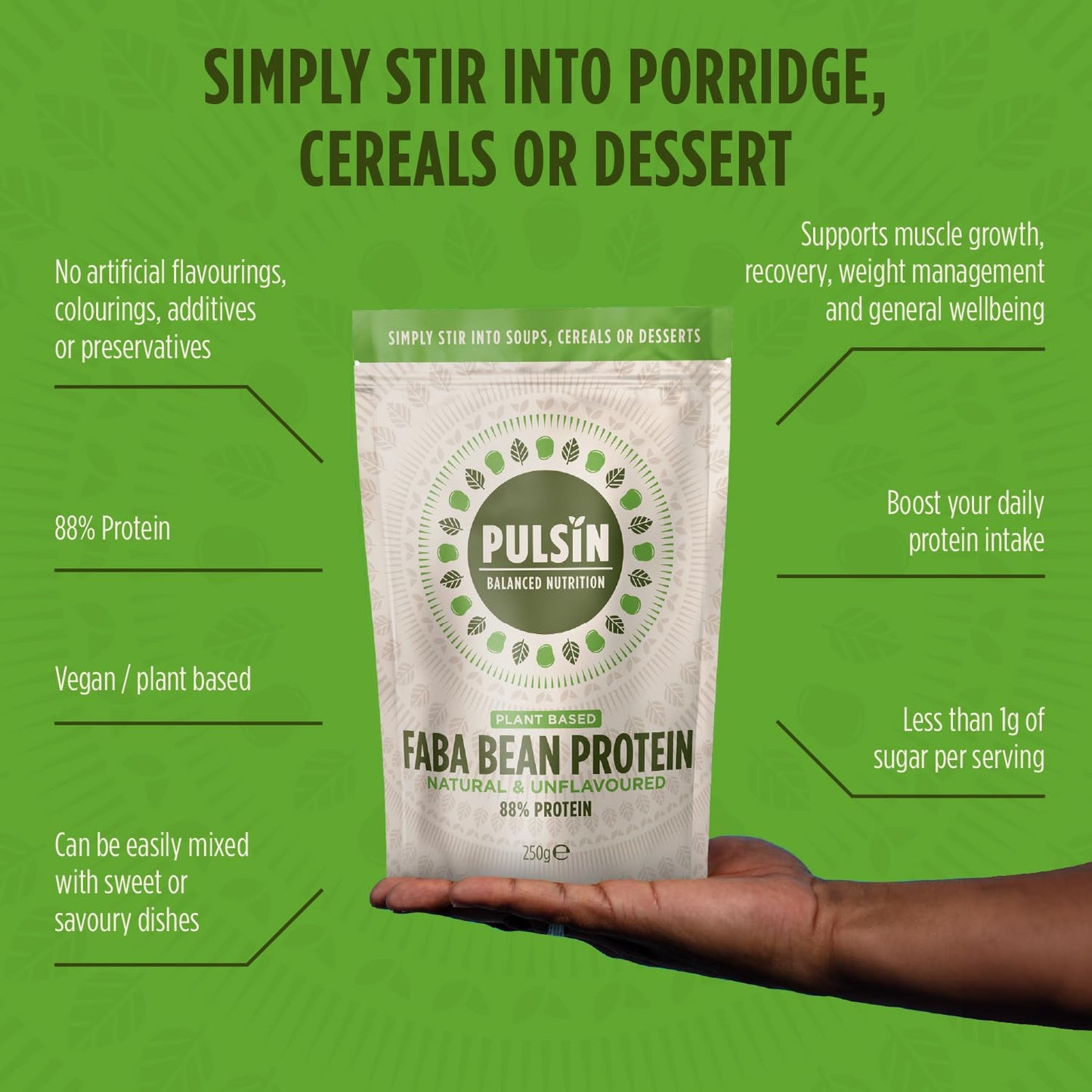 Pulsin - Natural Unflavoured Vegan Faba Bean Protein Powder - 250g - 8.8g Protein, 0.2g Carbs, 42 Kcal Per Serving - Gluten Free, Plant Based, Palm Oil Free & Dairy Free Protein