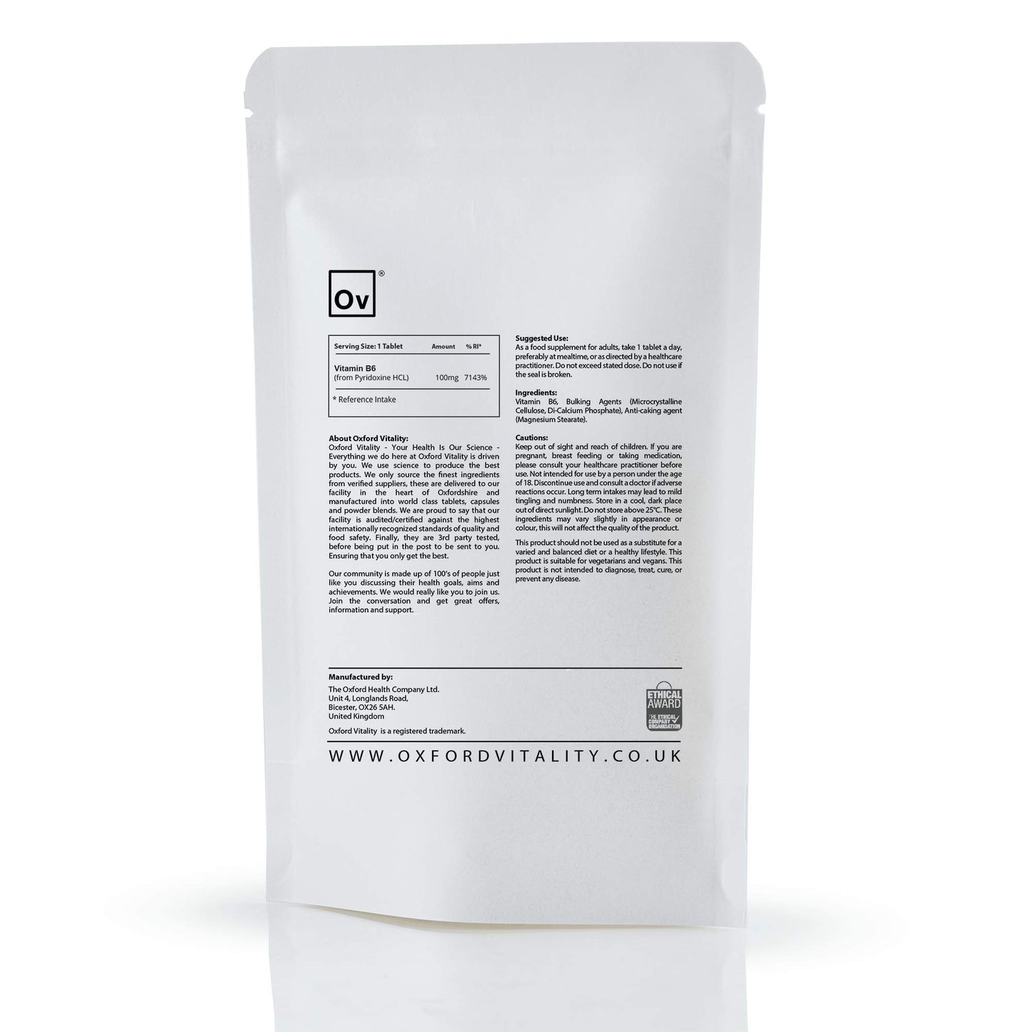 Ov OXFORD VITALITY Vitamin B6 Tablets | 100mg Supplement for Energy, Nervous System & Immune System Health | Oxford Vitality