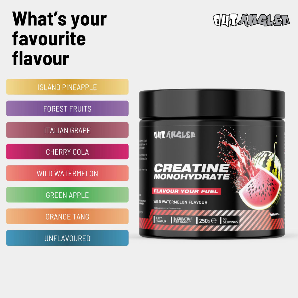 OUT ANGLED Out Angled Creatine Monohydrate Powder, Wild Watermelon, 50 Servings, Micronised for Easy Mixing, Muscle Growth, Recovery and Strength Performance