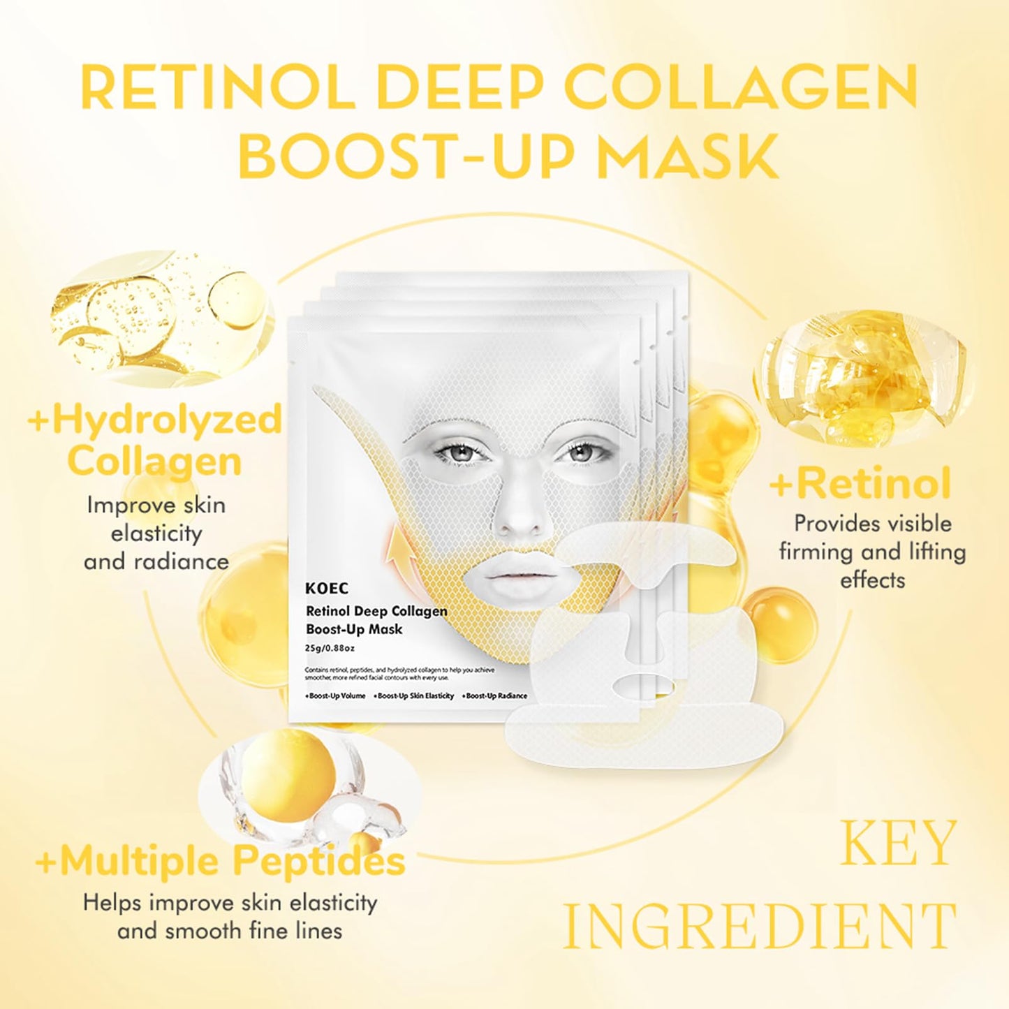 Fashion Base Deep Collagen Retinol Tension Boost Up Mask Set, 4PCS Deep Collagen Face Tightening and Lifting Mask for V-Line,Smile Line & Forehead Wrinkles, Korean Skin Care