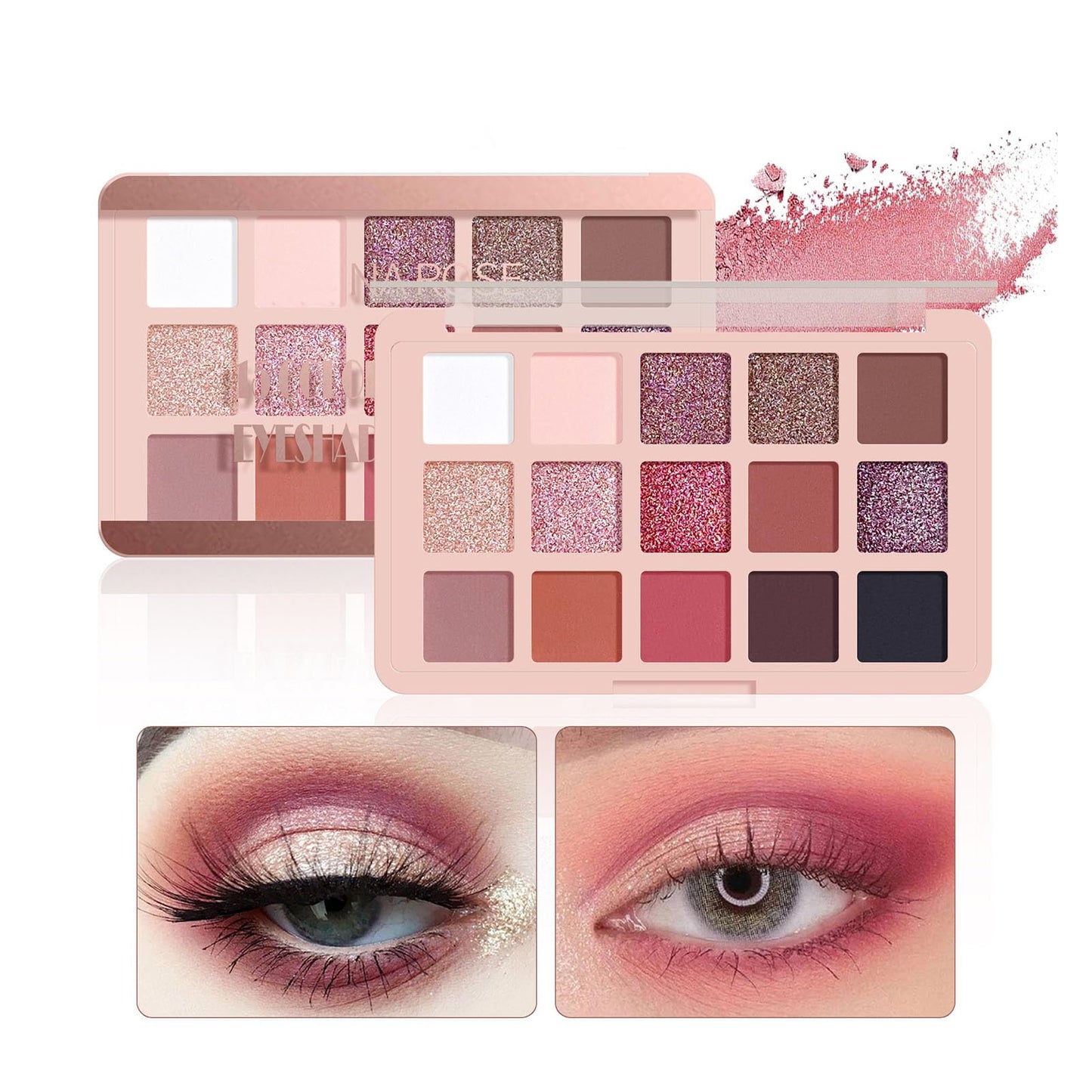 LYNTYAOU Eyeshadow Pink Eye shadow Palette, Make-Up Palettes Shimmer Glitter Matte Shadows Pallets for Women, 15 Color Pink Brown Natural Long Lasting Highly Pigmented Eyeshadow Palette