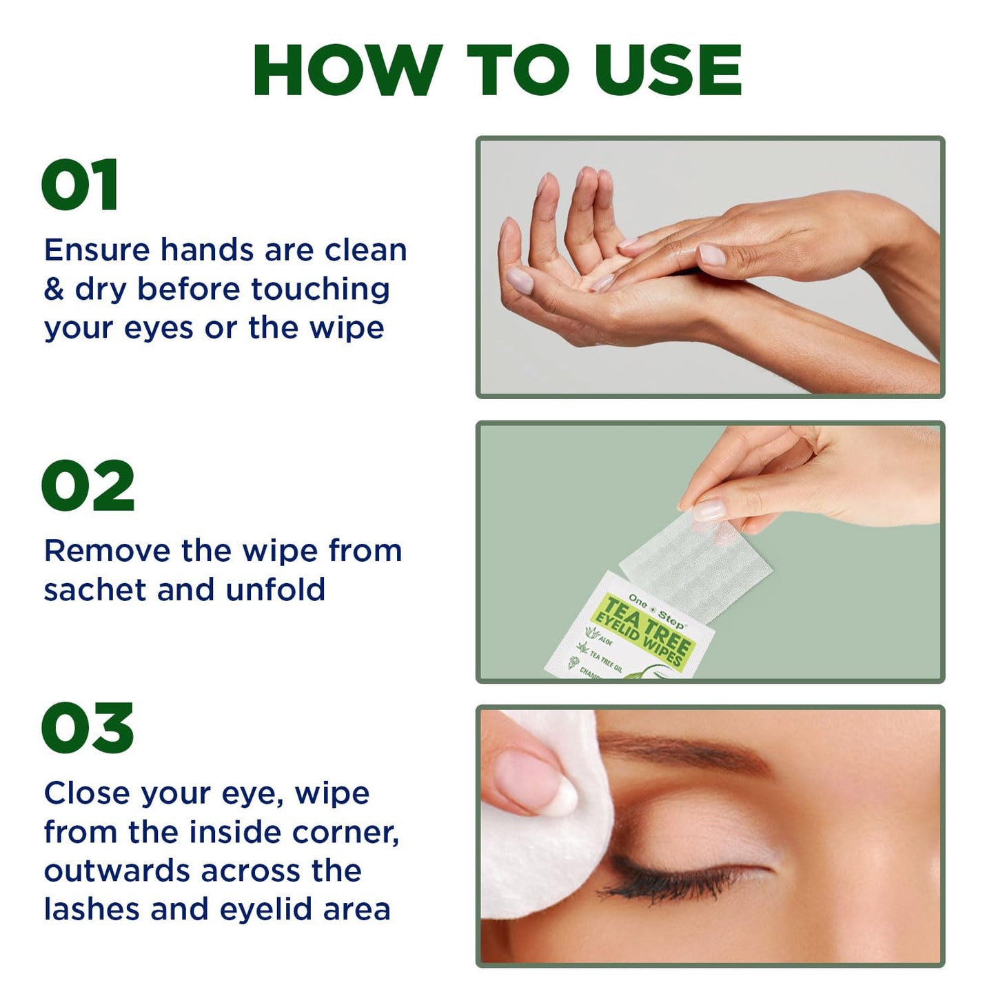 One Step Tea Tree Oil Eyelid Wipes, 60 Sachets, Natural, Aloe, Chamomile Daily Cleanser, Soothe, Relieve for Dry, Irritated, Tired, Itchy Eyes
