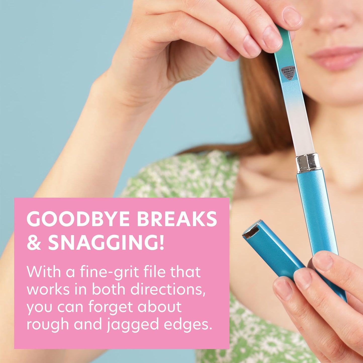 Bona Fide Beauty Czech Glass Nail File for Natural Nails, Single Crystal Nail File with Hardcase. Made in the EU. (Aqua)