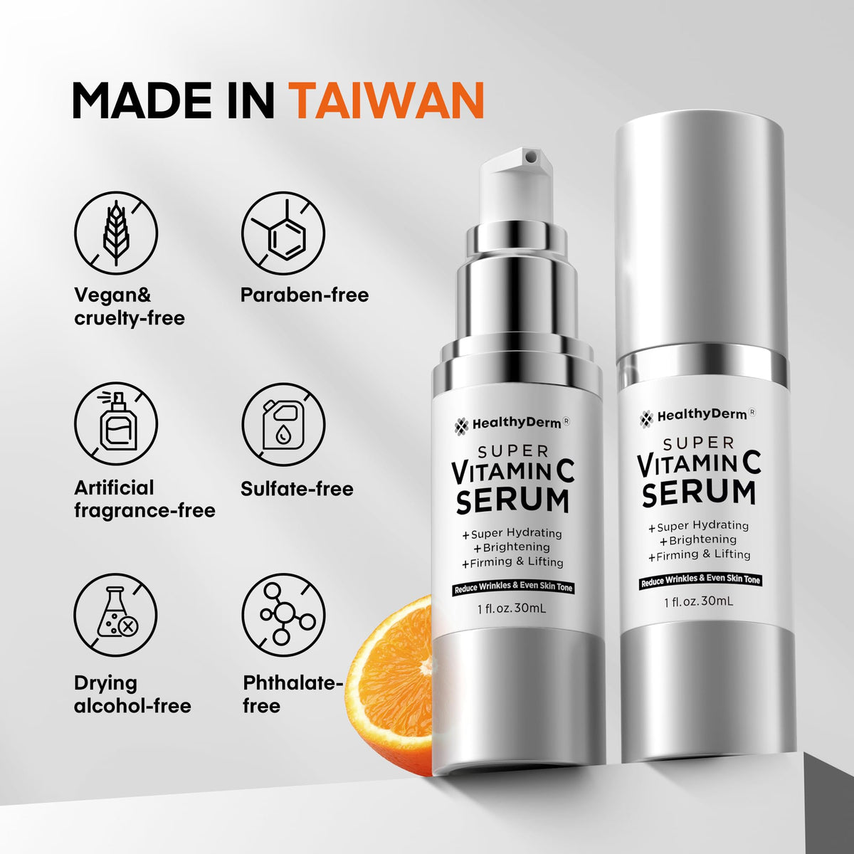 HealthyDerm Super Vitamin C Face Serum: Hydrating Facial Serum with Hyaluronic Acid, Niacinamide, Peptides, Vitamin C, Vitamin E & Bakuchiol – 30 ml