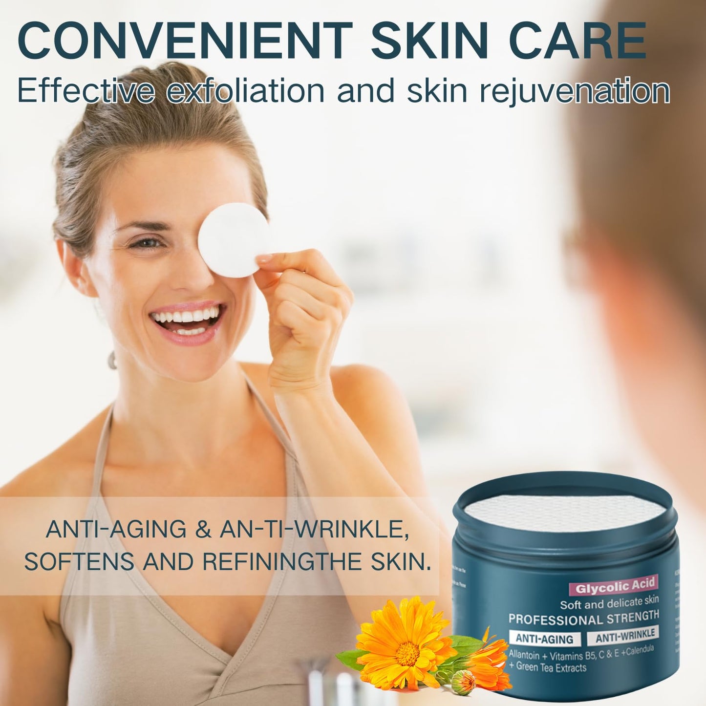 Cureluxe Glycolic Acid Resurfacing Pads - Exfoliating Facial Pads with Vitamins B5, C & E, Green Tea, Calendula - Glycolic Acid Face Toner Wipe Wash Anti Wrinkle,Soft and Delicaye Skin 50 Pads