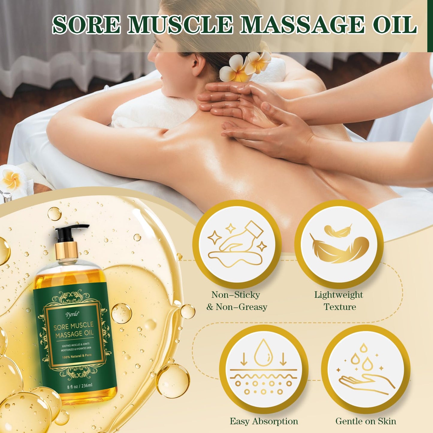 Pjordo Massage Oil for Muscle Pain, 236ml Natural Body Massage Oil for Massage Therapy, with Lavender Oil, Arnica & Chamomile Extract, Soothes Muscle and Joint for Professional & Home Use