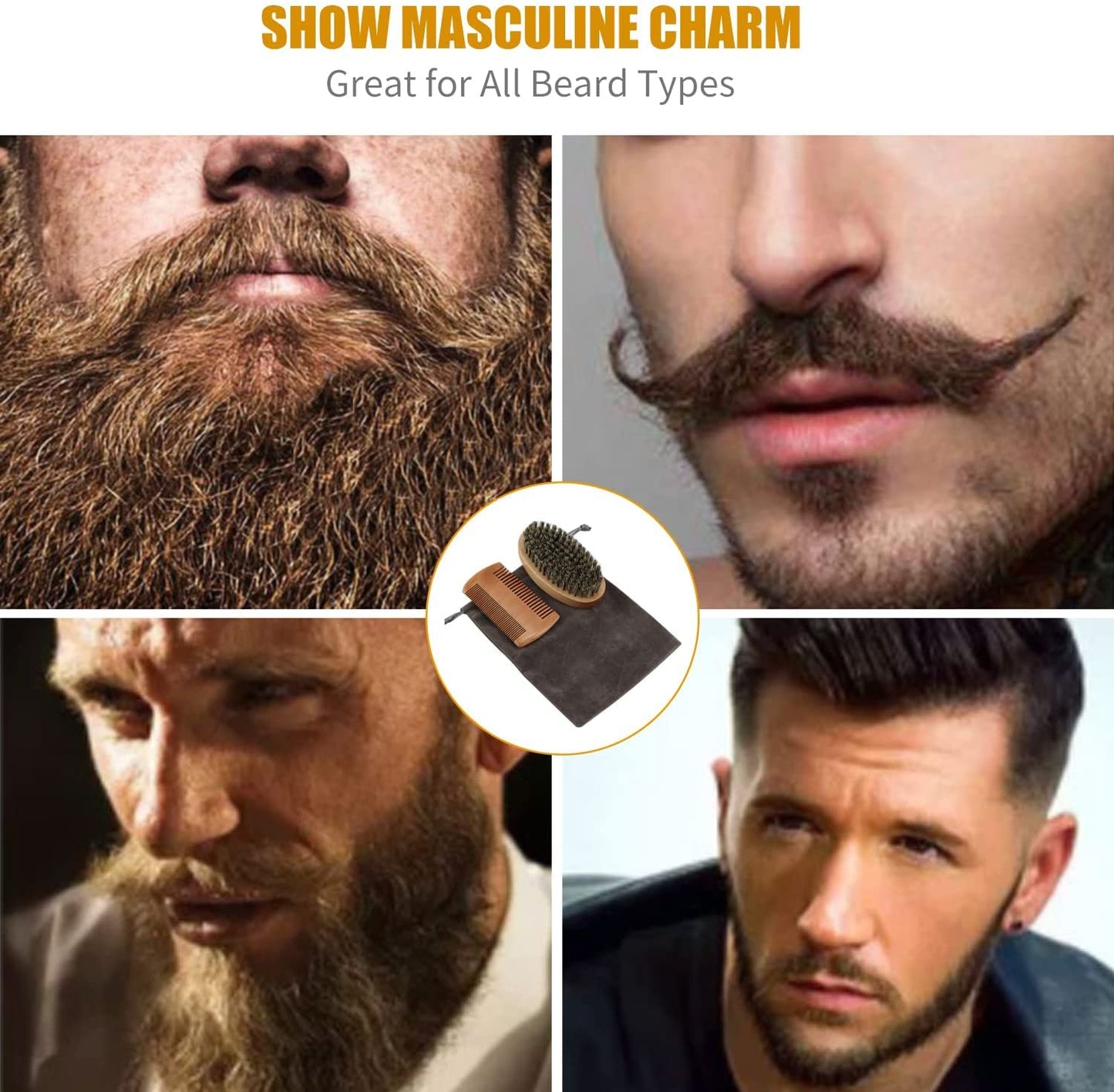 NEESTARTLY Beard Comb Brush Set, Wooden Boar Bristle Beard Brush, Anti Static Moustache Pocket Comb, Portable Hair Comb for Combing Beard Hair, Removing Debris, Massages Face