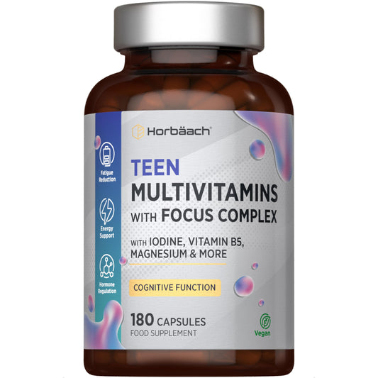 Horbäach Multivitamin Tablets for Teenagers with Focus Complex | 180 Capsules | High Strength Complex with Vitamin B6, B5, Magnesium, Iron and Zinc | Vegan Supplement for Teens 13+ | By Horbaach