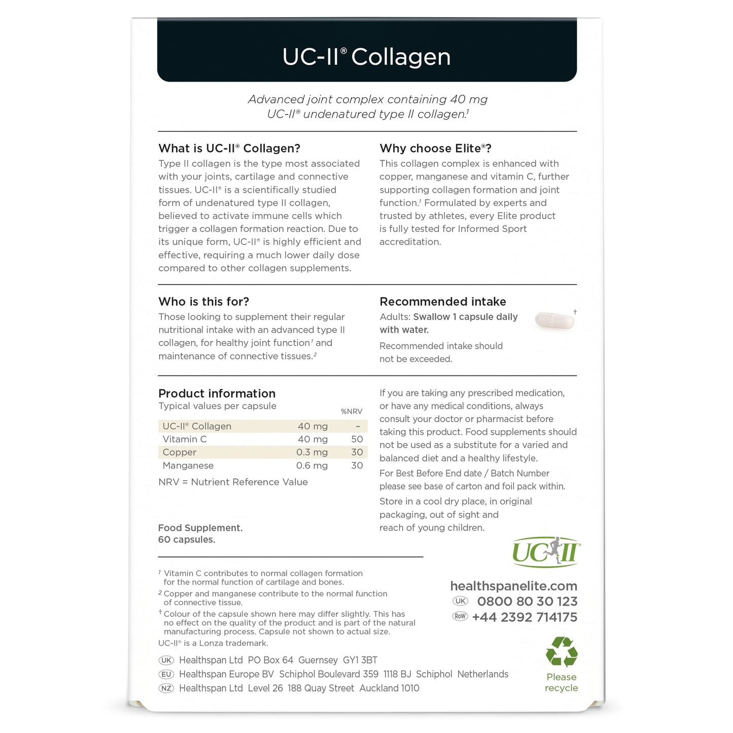 Healthspan Elite UC-II® Collagen (60 Tablets) | Contributes to Normal Collagen Formation | Supports Joint Function and Tendon & Ligament Support | Effective Daily dose at just 40 mg UC-II