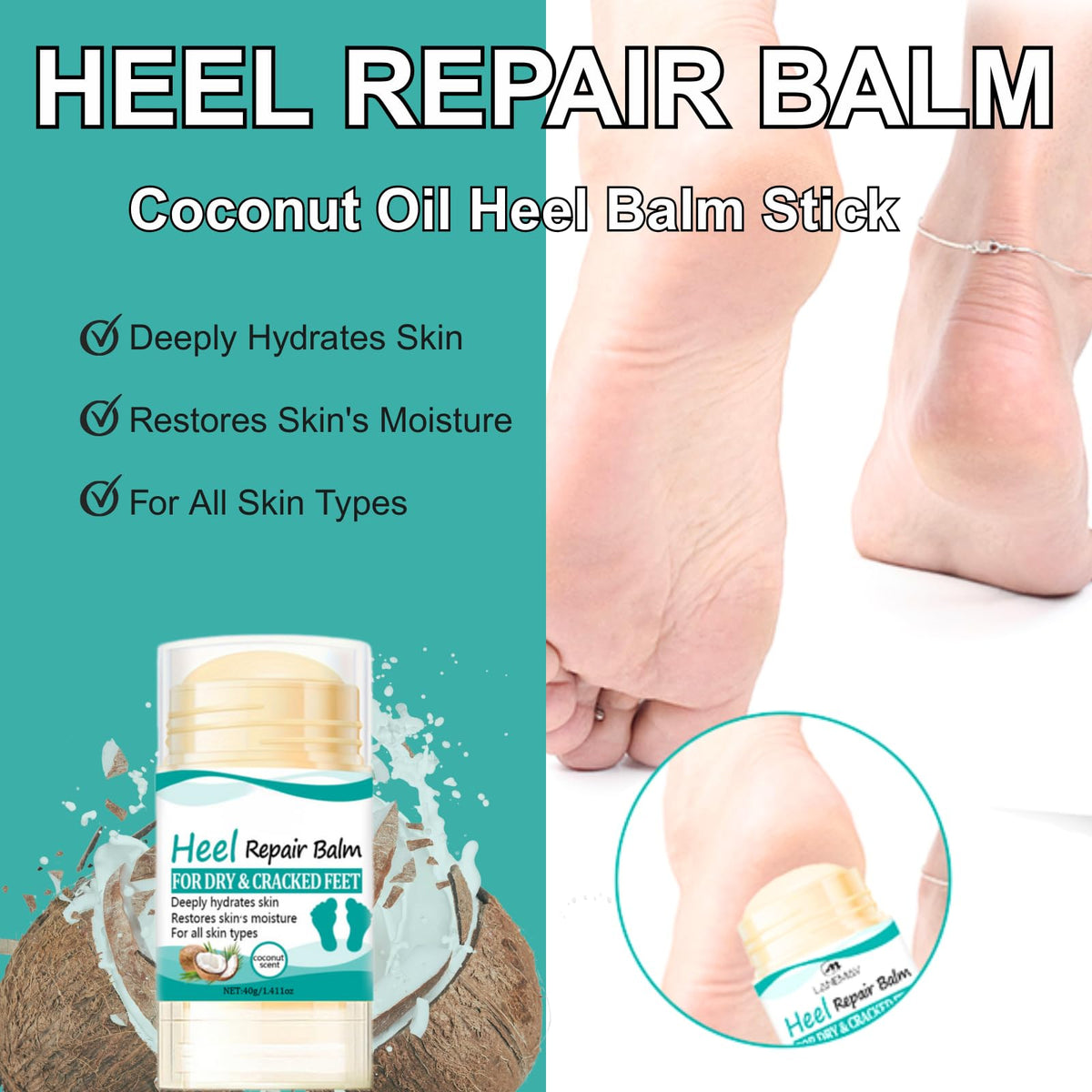 TBeautfave 3PCS Heel Repair Balm - Coconut Oil Heel Balm Stick,Cracked Heel Repair Cream,Dry Skin Remover Feet, Foot Balm for Dry & Cracked,Deeply Hydrates Skin,Restores Skin Moisture,Foot Care